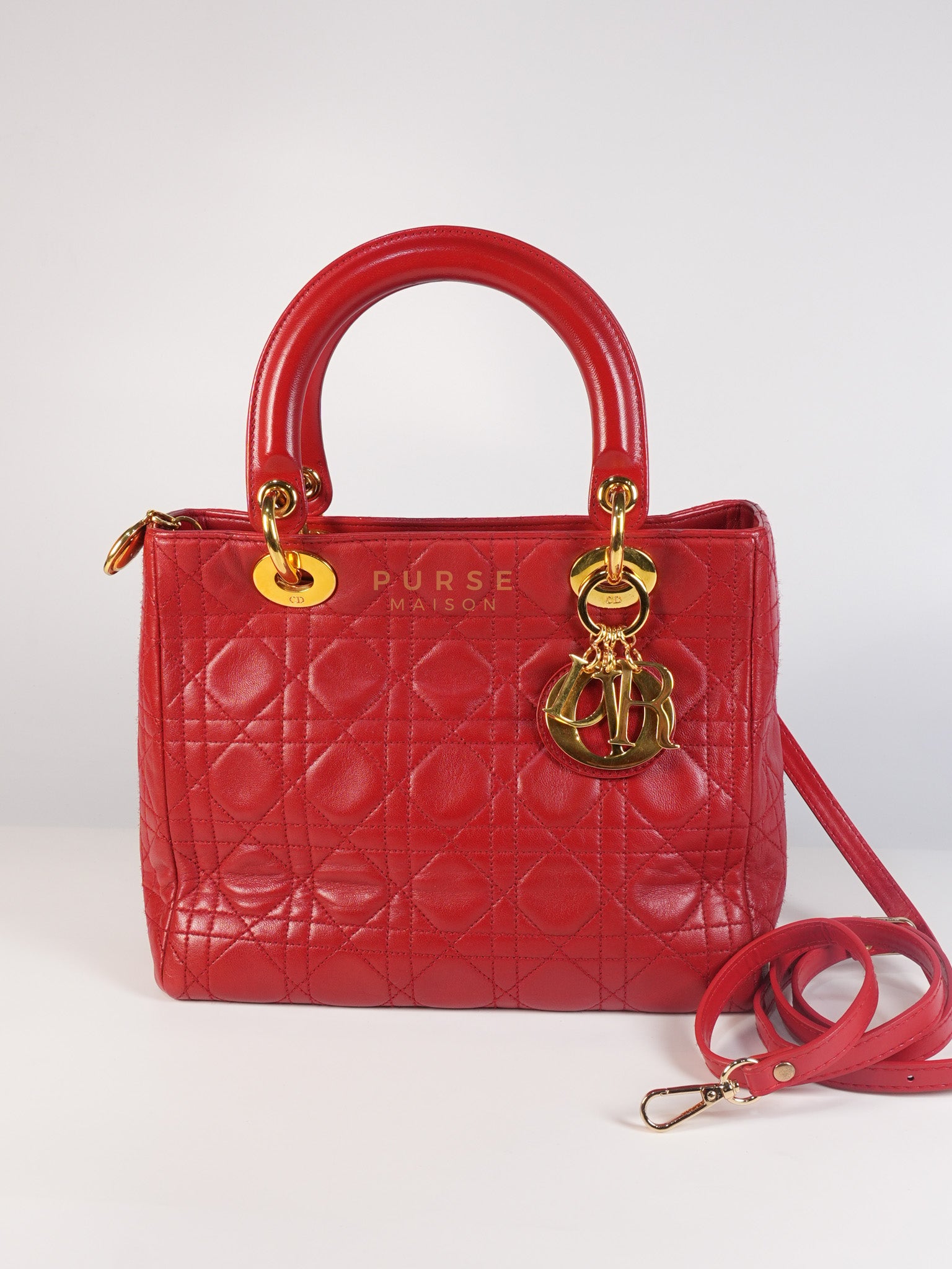 Lady Dior Medium In Red Quilted Lambskin Leather & Gold Hardware | Purse Maison Luxury Bags Shop