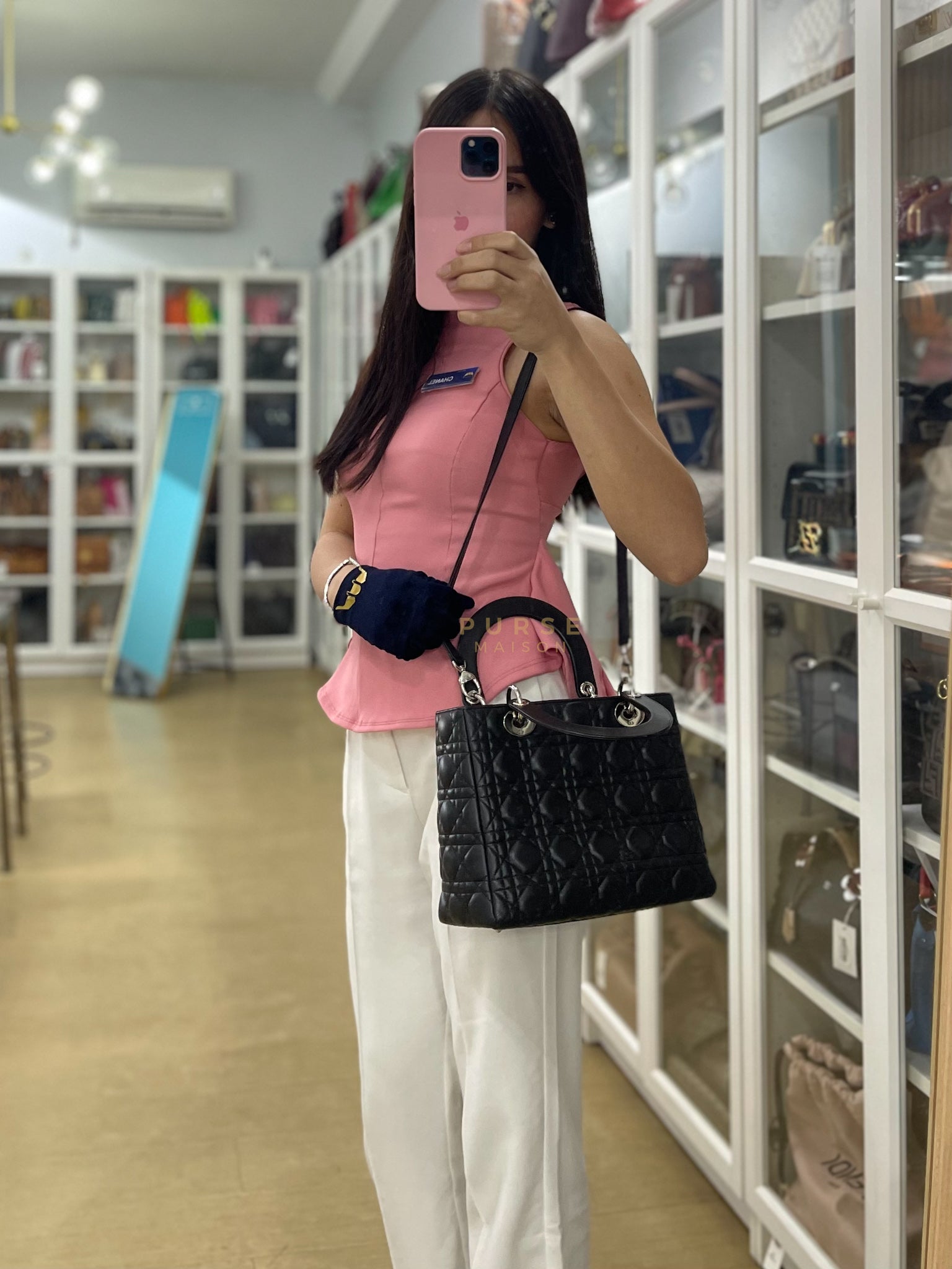 Lady Dior Medium Vintage In Black Cannage Lambskin Leather and Silver Hardware | Purse Maison Luxury Bags Shop