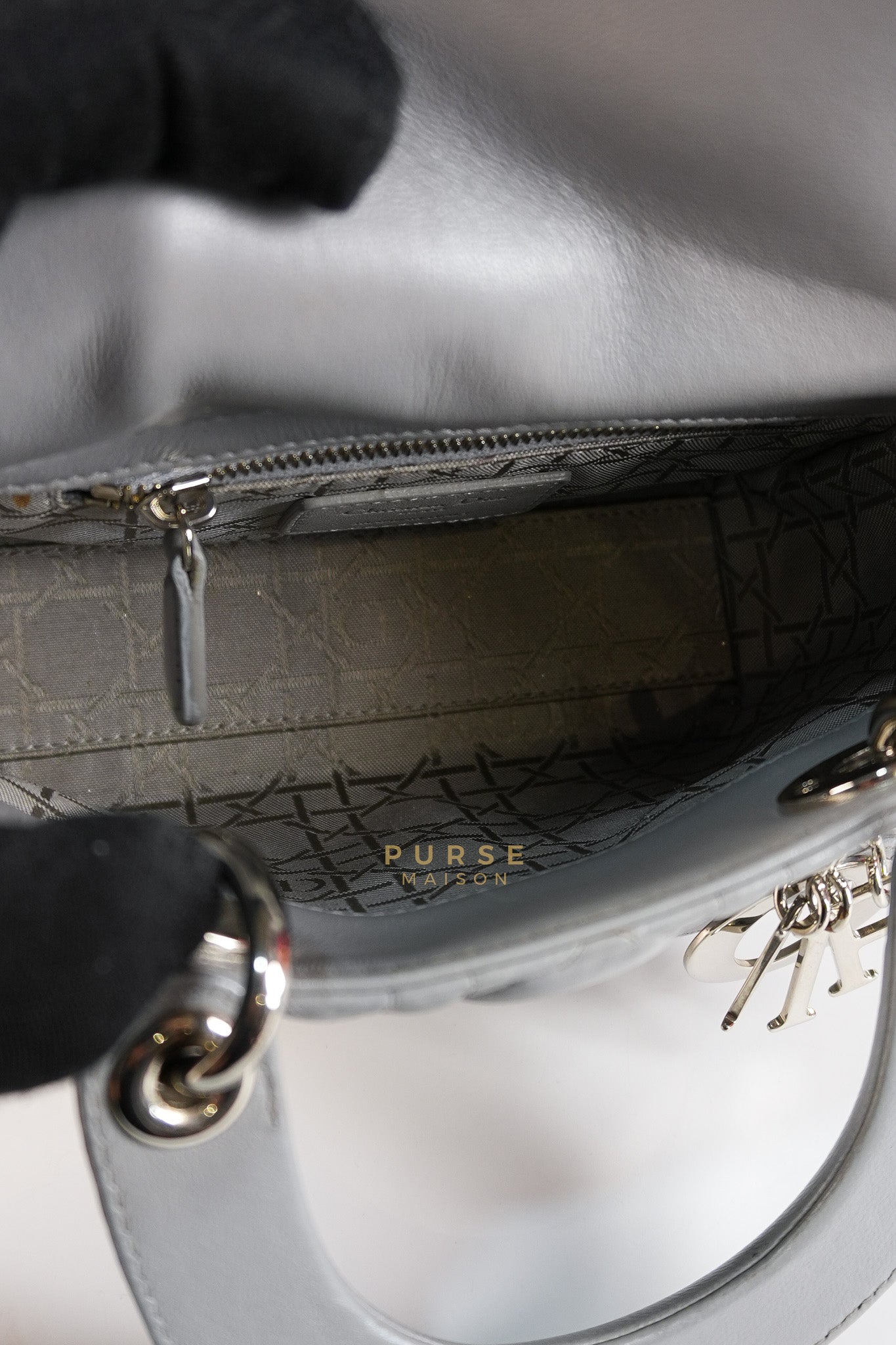 Lady Dior Mini Bag in Gray Quilted Leather & Silver Hardware | Purse Maison Luxury Bags Shop