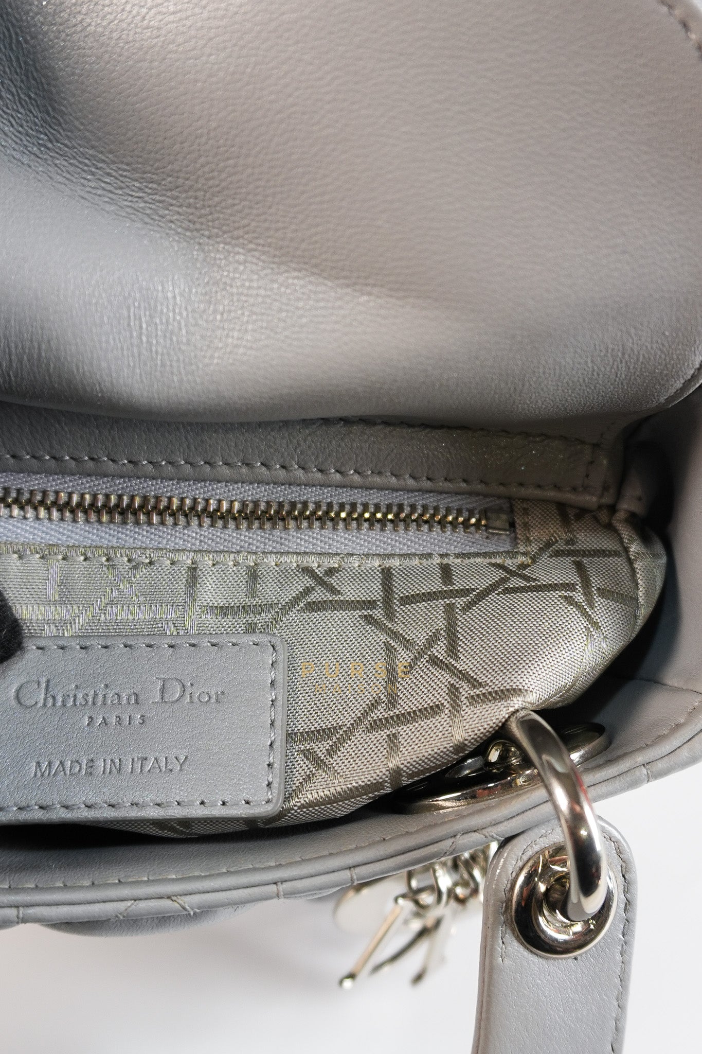 Lady Dior Mini Bag in Gray Quilted Leather & Silver Hardware | Purse Maison Luxury Bags Shop