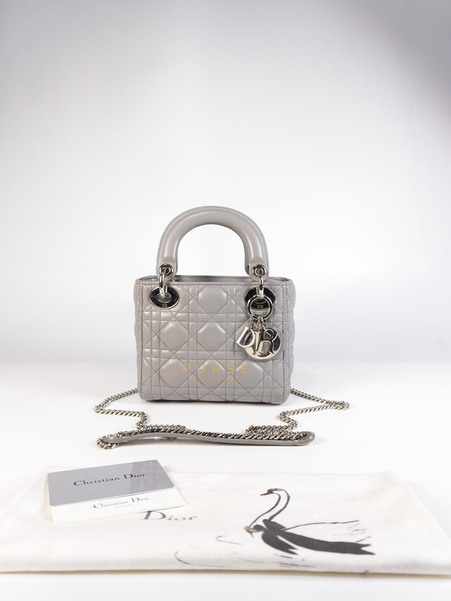 Lady Dior Mini Bag in Gray Quilted Leather & Silver Hardware | Purse Maison Luxury Bags Shop