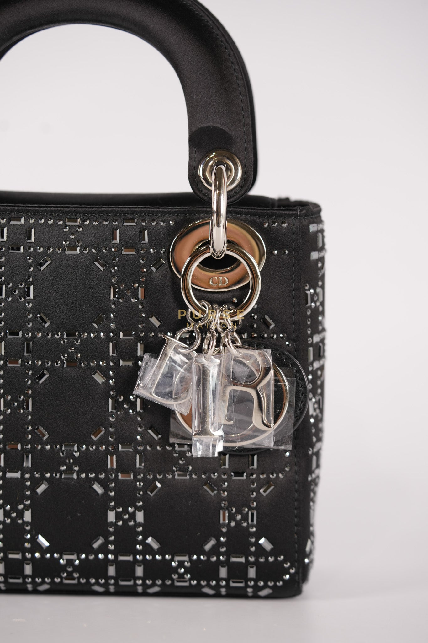 Lady Dior Mini Black in Strass Cannage Satin and Silver Hardware | Purse Maison Luxury Bags Shop