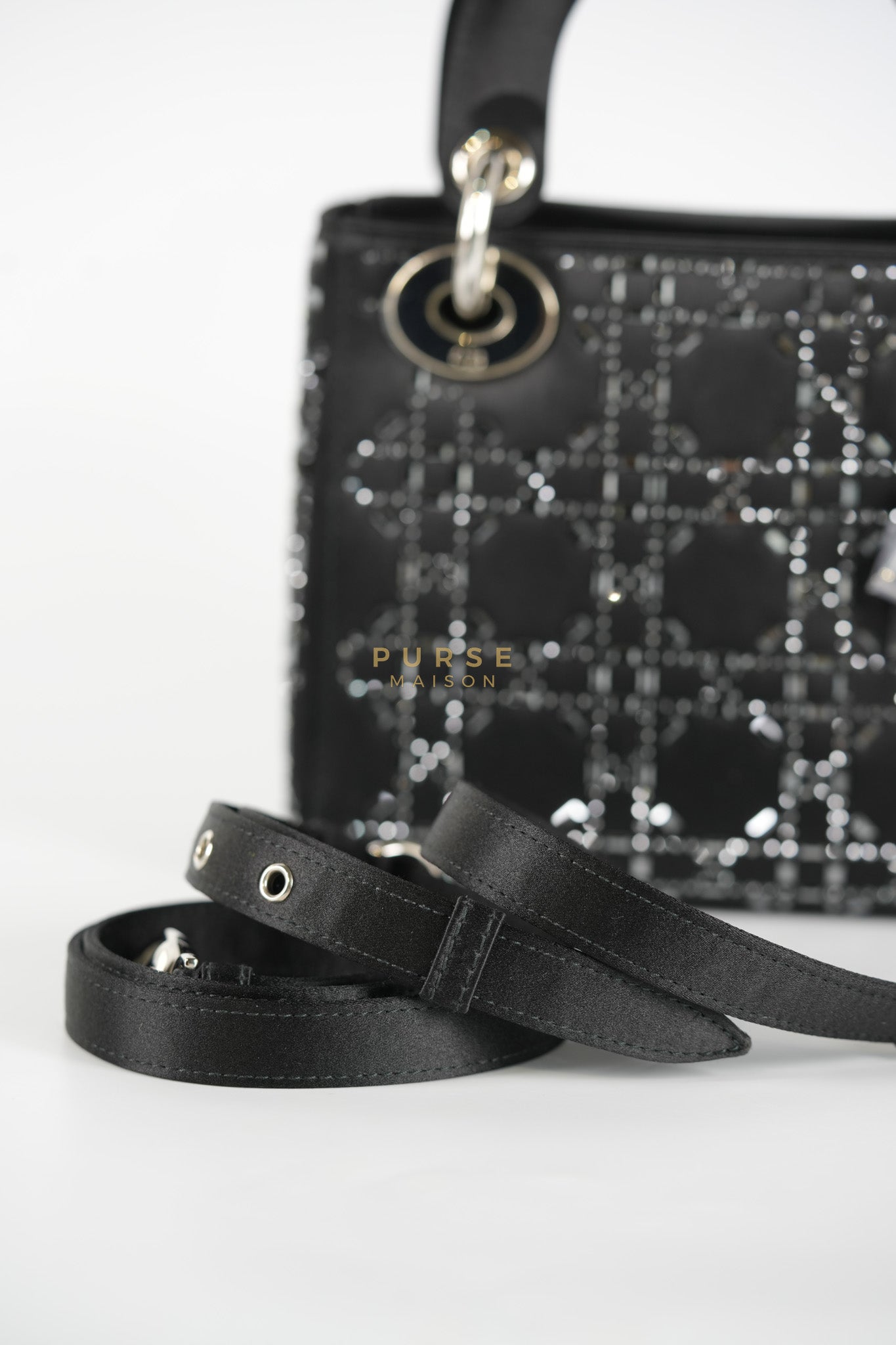 Lady Dior Mini Black in Strass Cannage Satin and Silver Hardware | Purse Maison Luxury Bags Shop