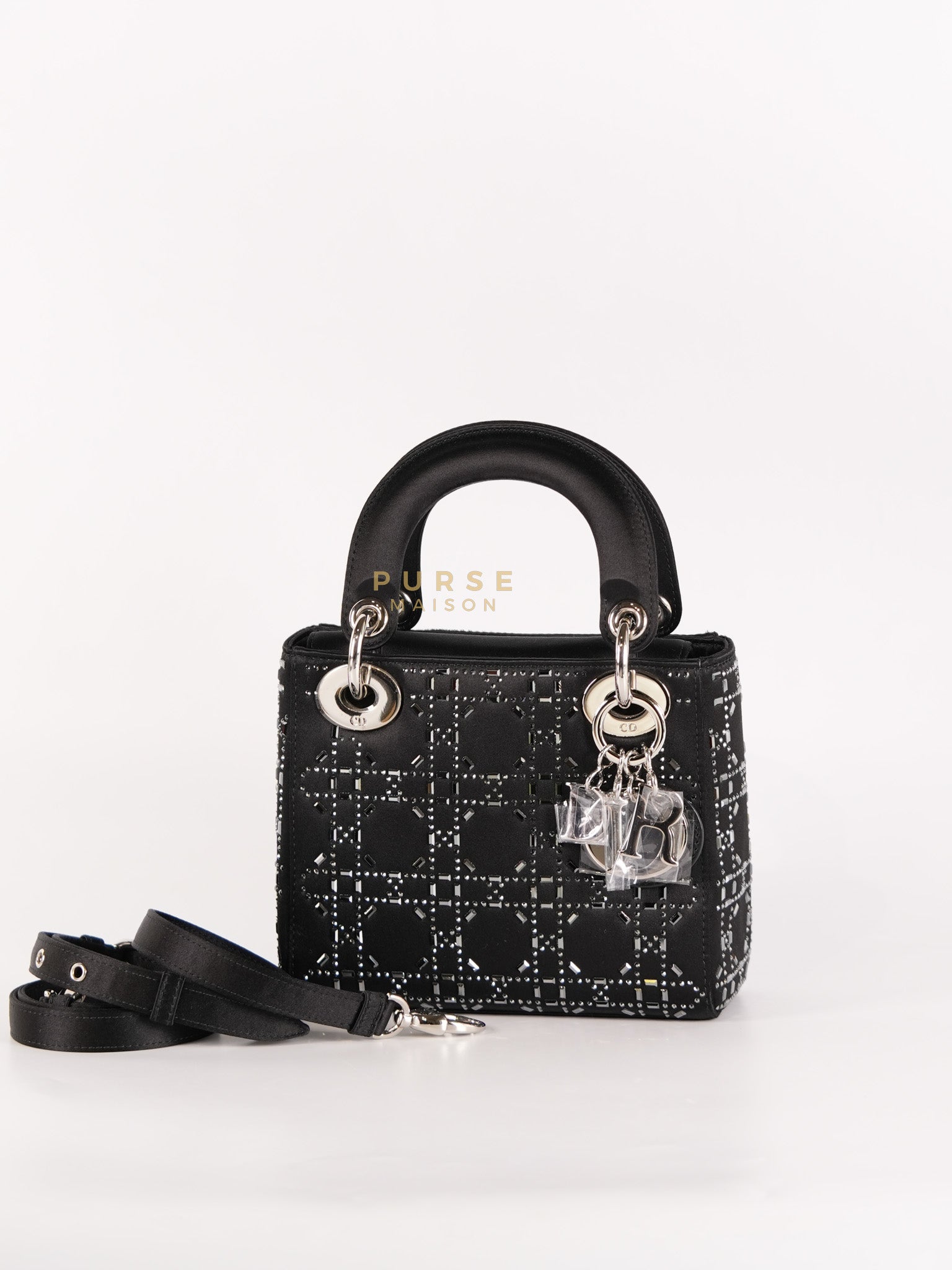 Lady Dior Mini Black in Strass Cannage Satin and Silver Hardware | Purse Maison Luxury Bags Shop