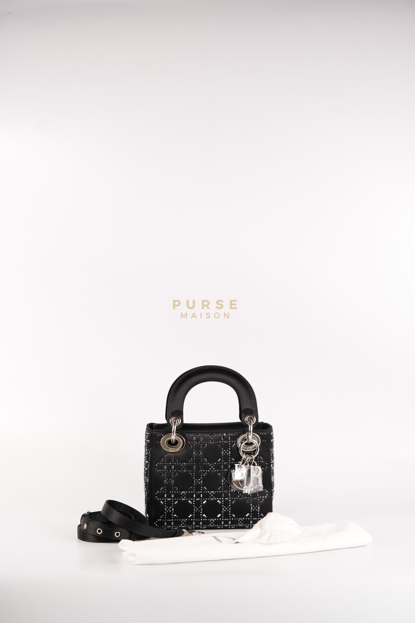 Lady Dior Mini Black in Strass Cannage Satin and Silver Hardware | Purse Maison Luxury Bags Shop