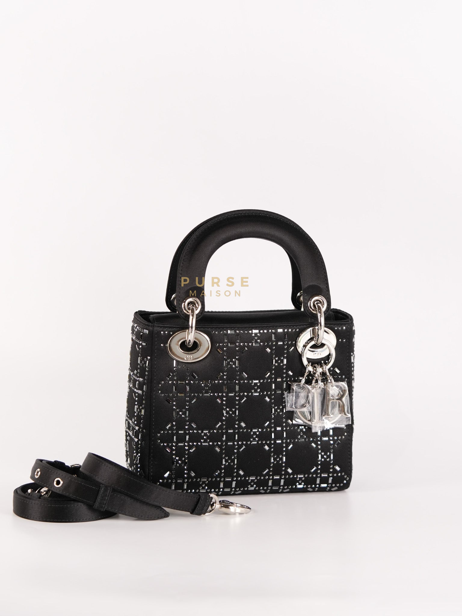 Lady Dior Mini Black in Strass Cannage Satin and Silver Hardware | Purse Maison Luxury Bags Shop
