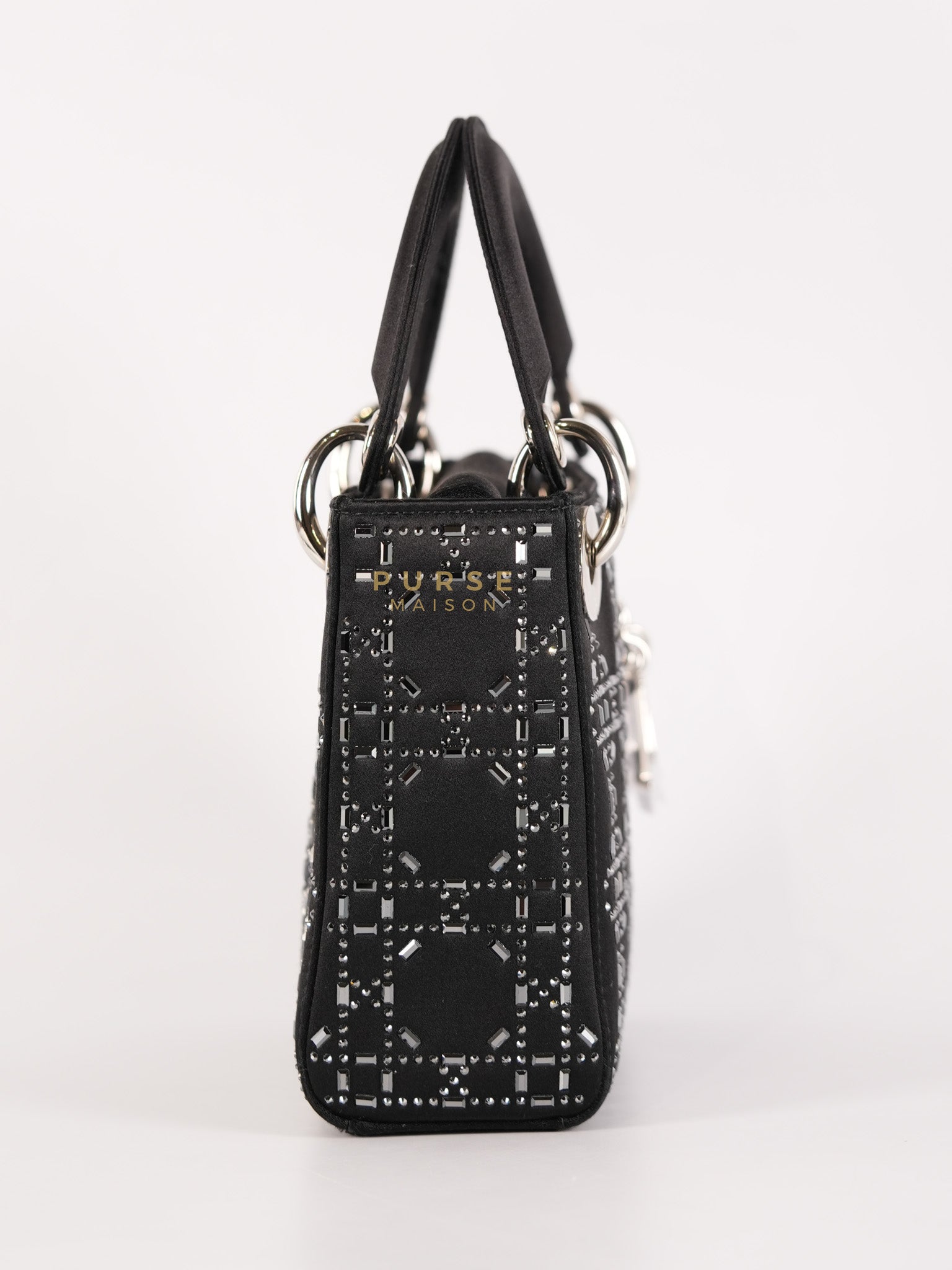 Lady Dior Mini Black in Strass Cannage Satin and Silver Hardware | Purse Maison Luxury Bags Shop