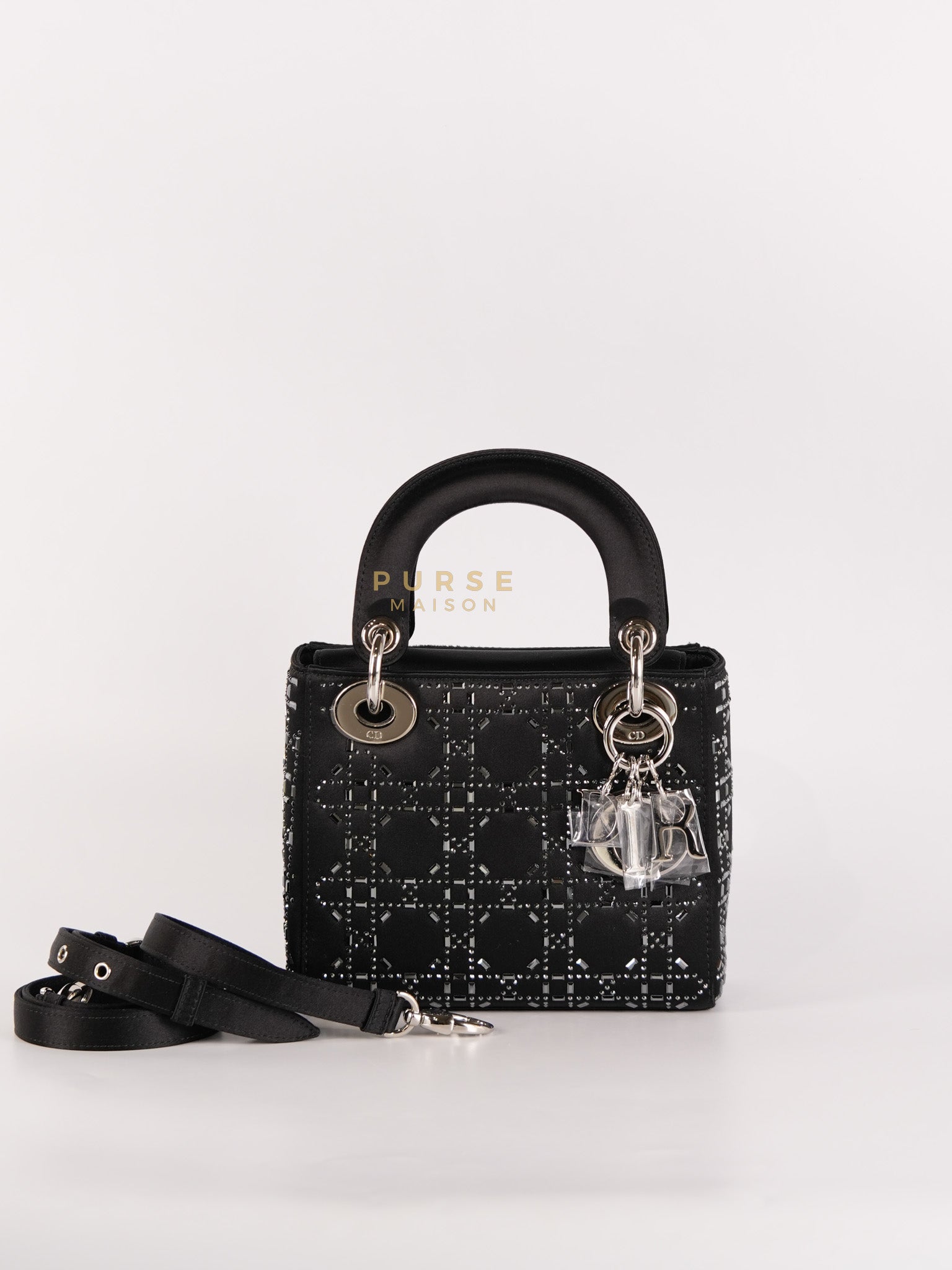 Lady Dior Mini Black in Strass Cannage Satin and Silver Hardware | Purse Maison Luxury Bags Shop