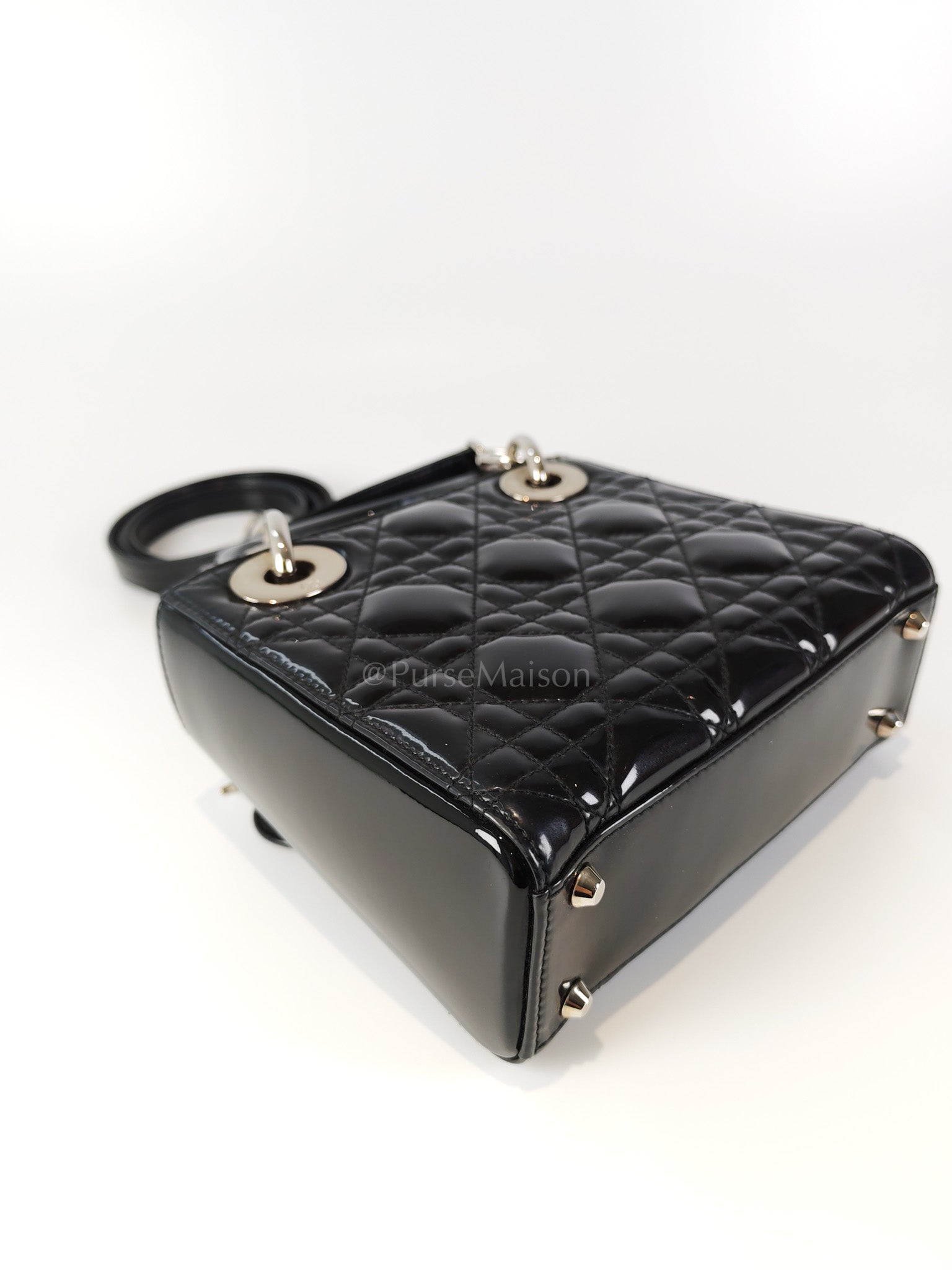 Lady Dior Mini in Black Patent Leather and Silver Hardware | Purse Maison Luxury Bags Shop