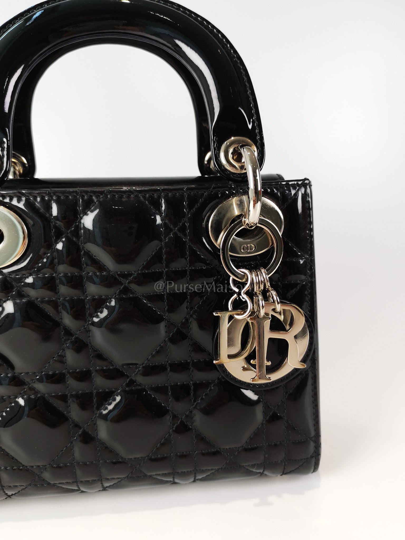 Lady Dior Mini in Black Patent Leather and Silver Hardware | Purse Maison Luxury Bags Shop