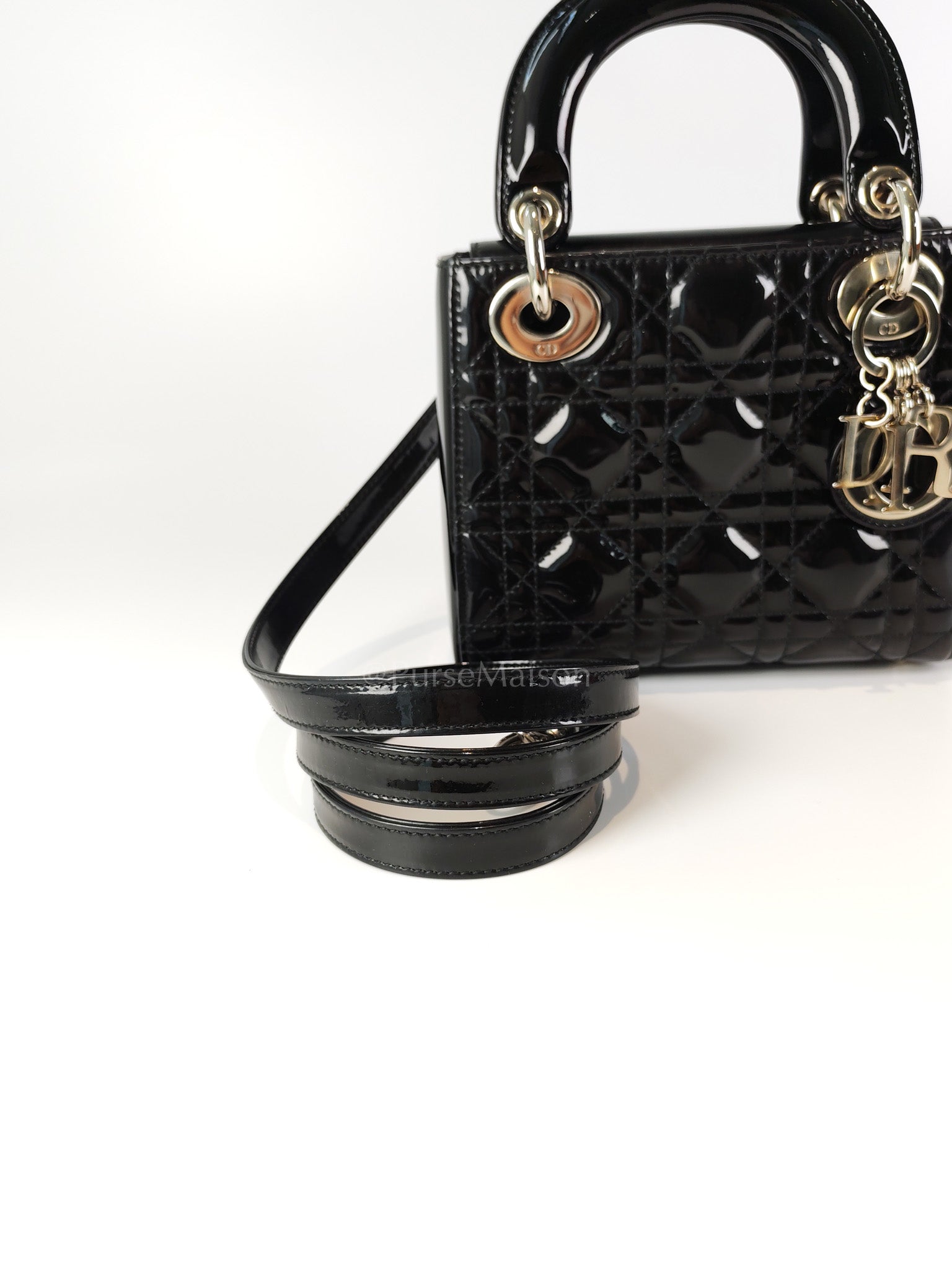 Lady Dior Mini in Black Patent Leather and Silver Hardware | Purse Maison Luxury Bags Shop