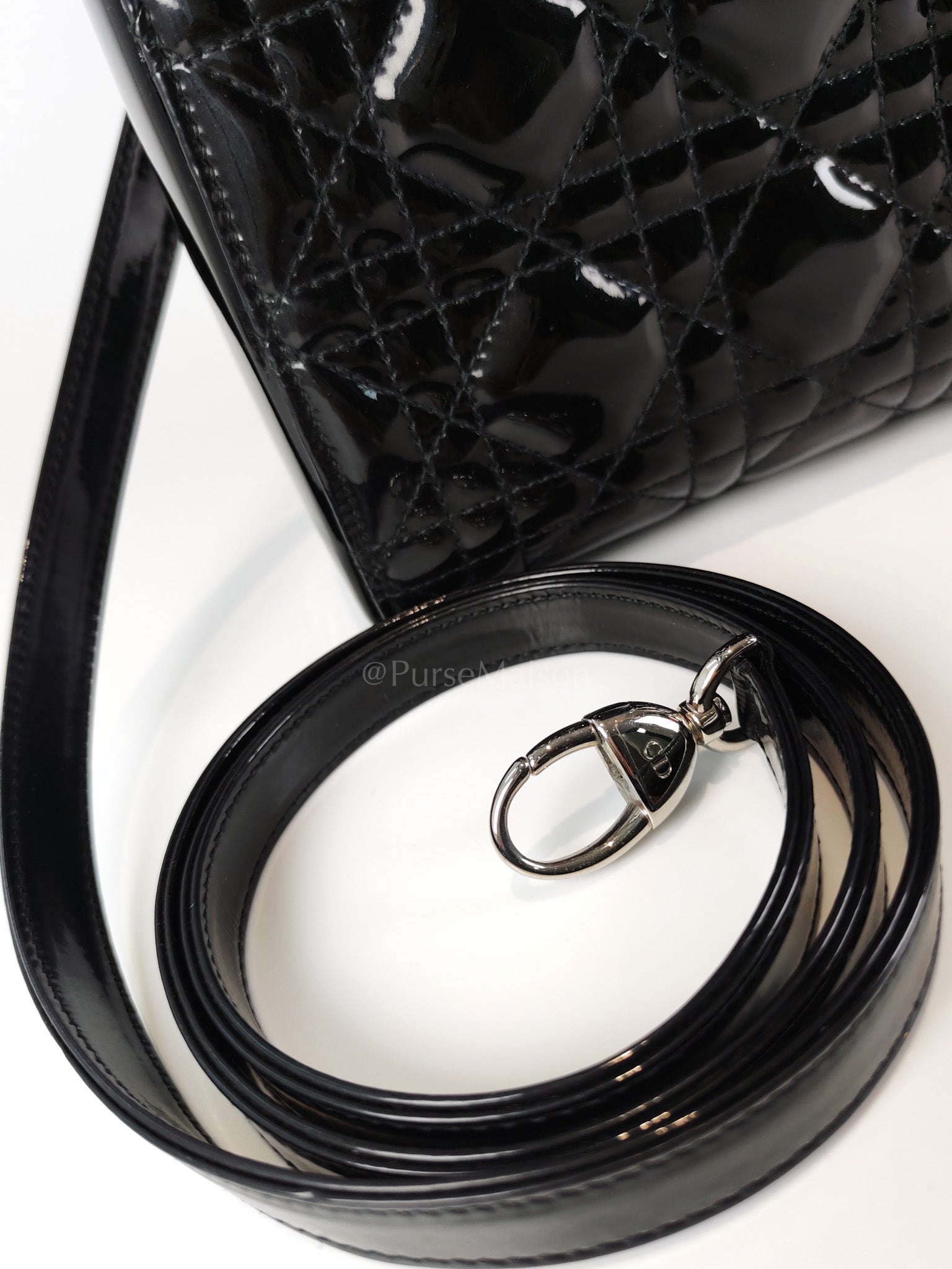 Lady Dior Mini in Black Patent Leather and Silver Hardware | Purse Maison Luxury Bags Shop