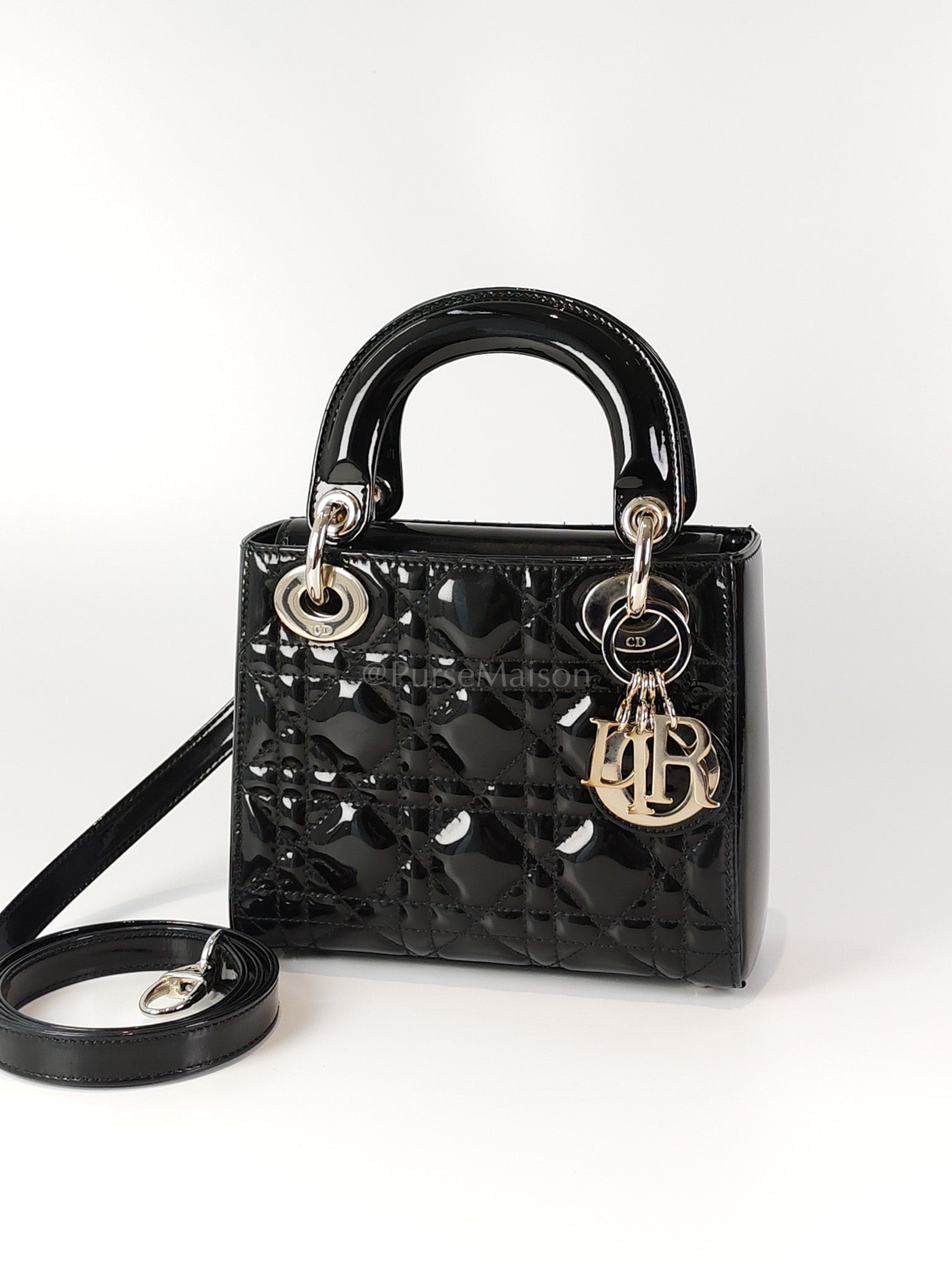 Lady Dior Mini in Black Patent Leather and Silver Hardware | Purse Maison Luxury Bags Shop