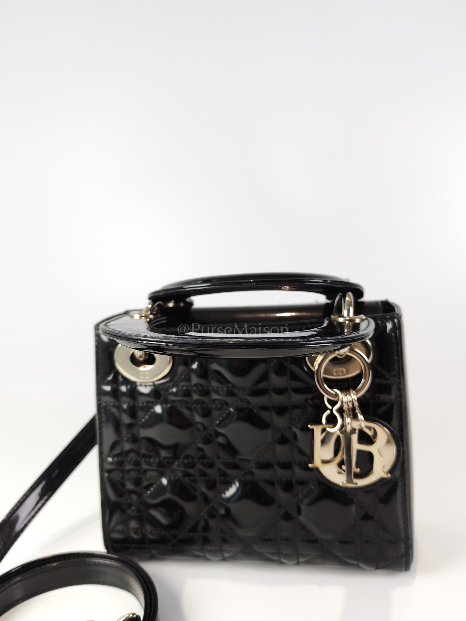 Lady Dior Mini in Black Patent Leather and Silver Hardware | Purse Maison Luxury Bags Shop