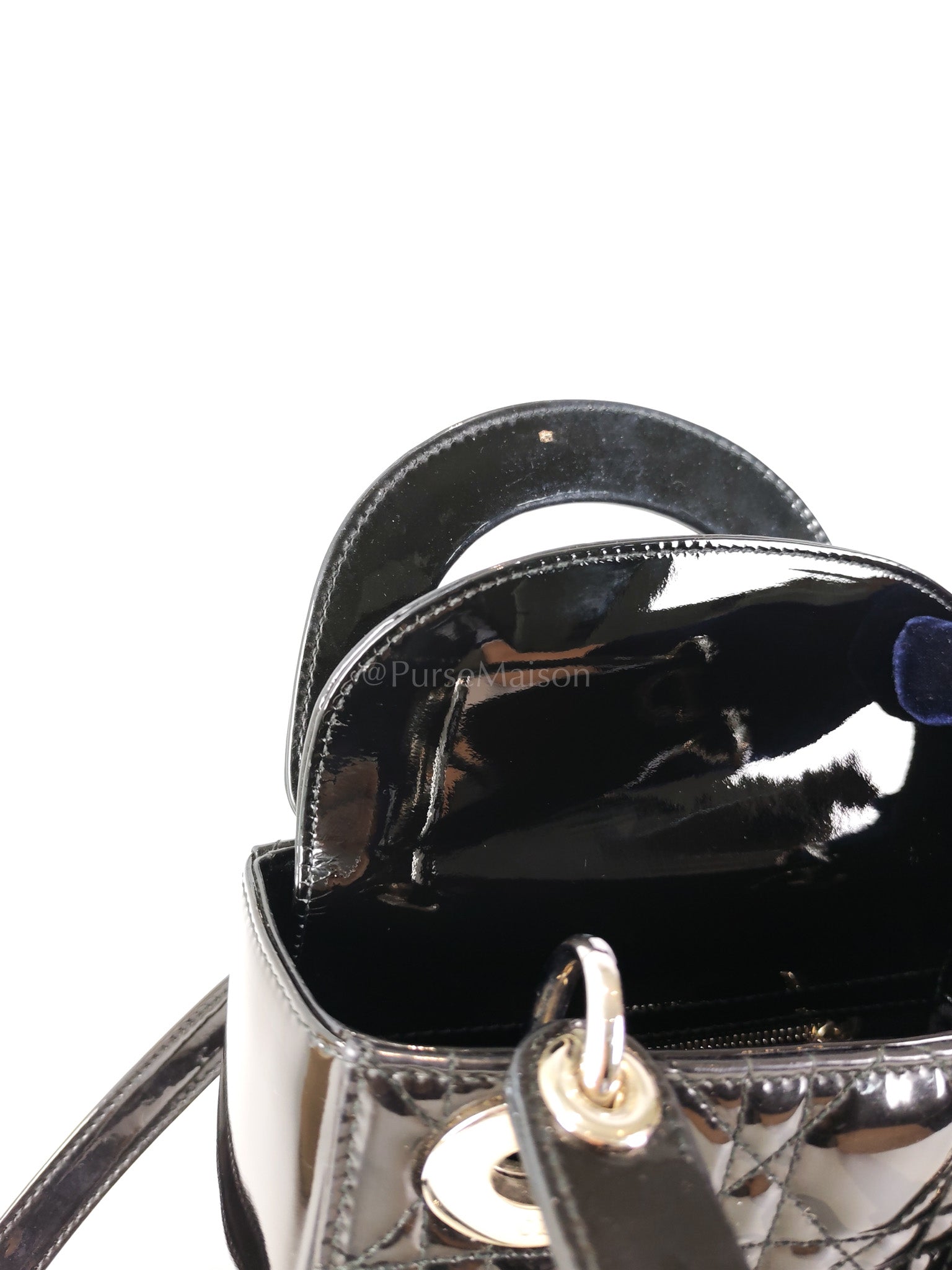 Lady Dior Mini in Black Patent Leather and Silver Hardware | Purse Maison Luxury Bags Shop