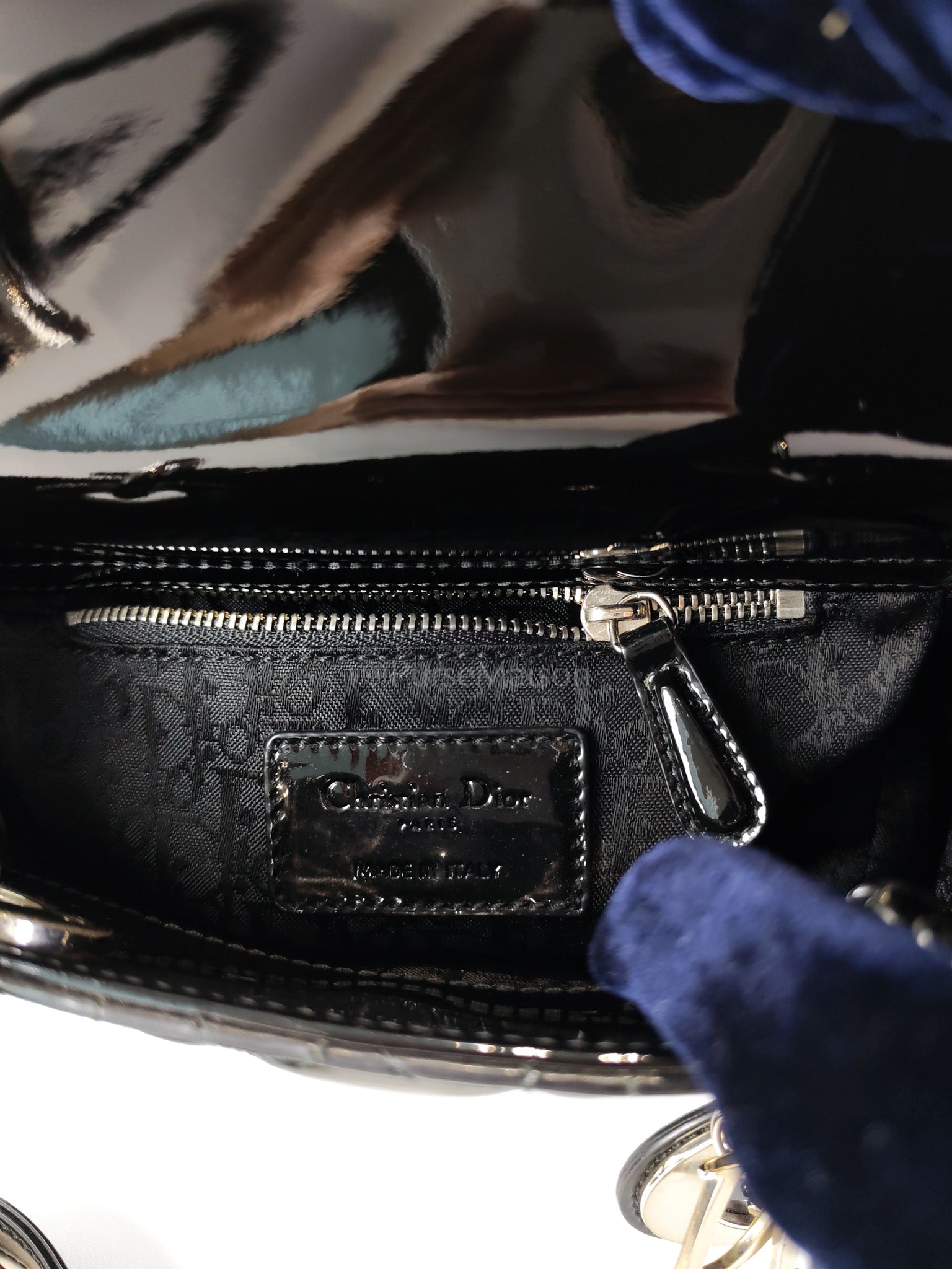 Lady Dior Mini in Black Patent Leather and Silver Hardware | Purse Maison Luxury Bags Shop