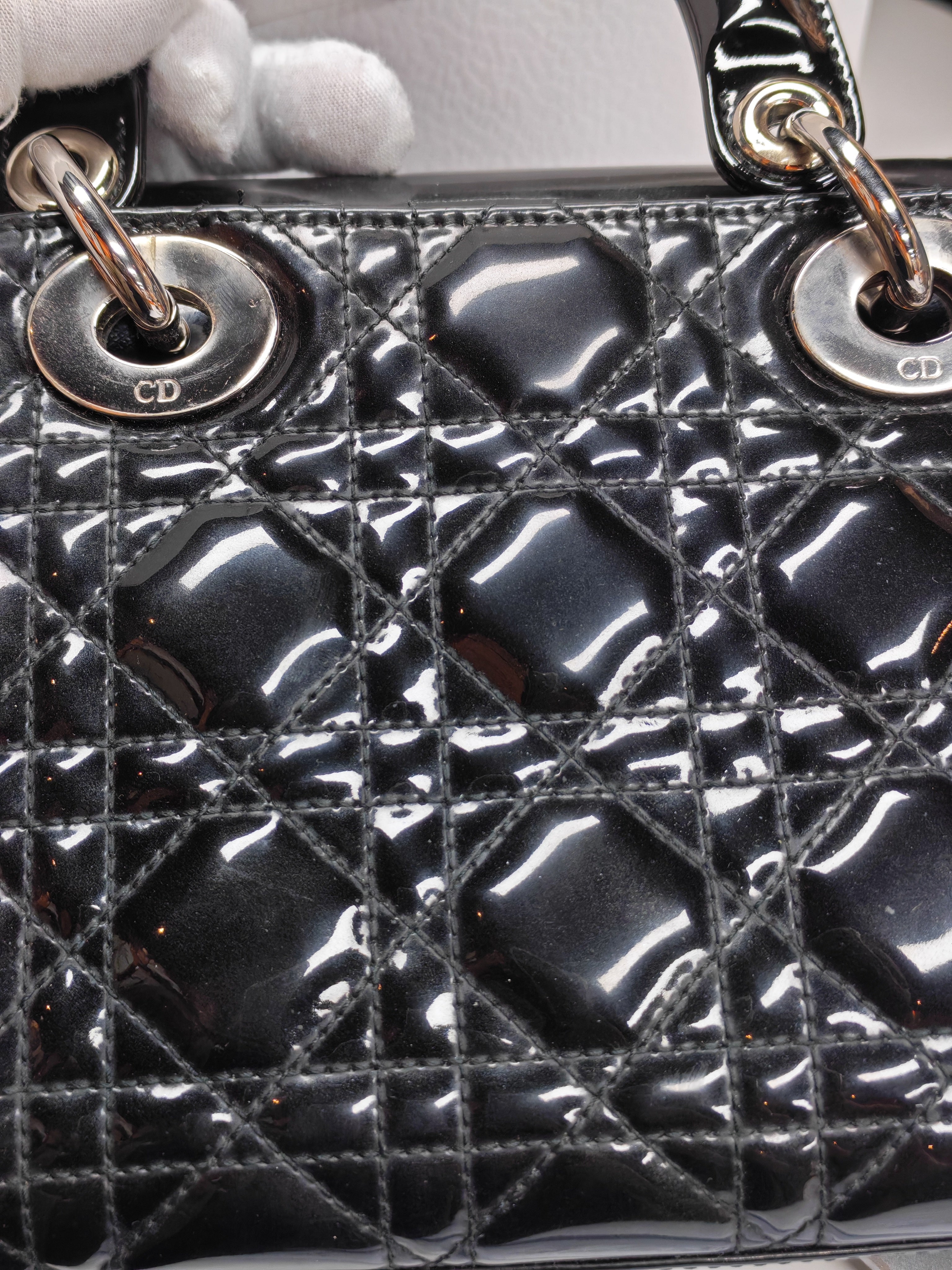 Lady Dior Mini in Black Patent Leather and Silver Hardware | Purse Maison Luxury Bags Shop