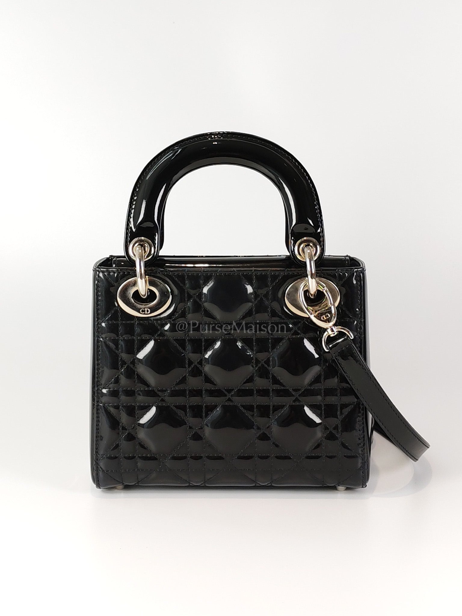 Lady Dior Mini in Black Patent Leather and Silver Hardware | Purse Maison Luxury Bags Shop
