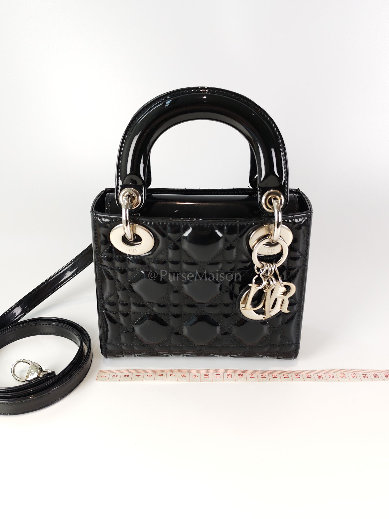 Lady Dior Mini in Black Patent Leather and Silver Hardware | Purse Maison Luxury Bags Shop