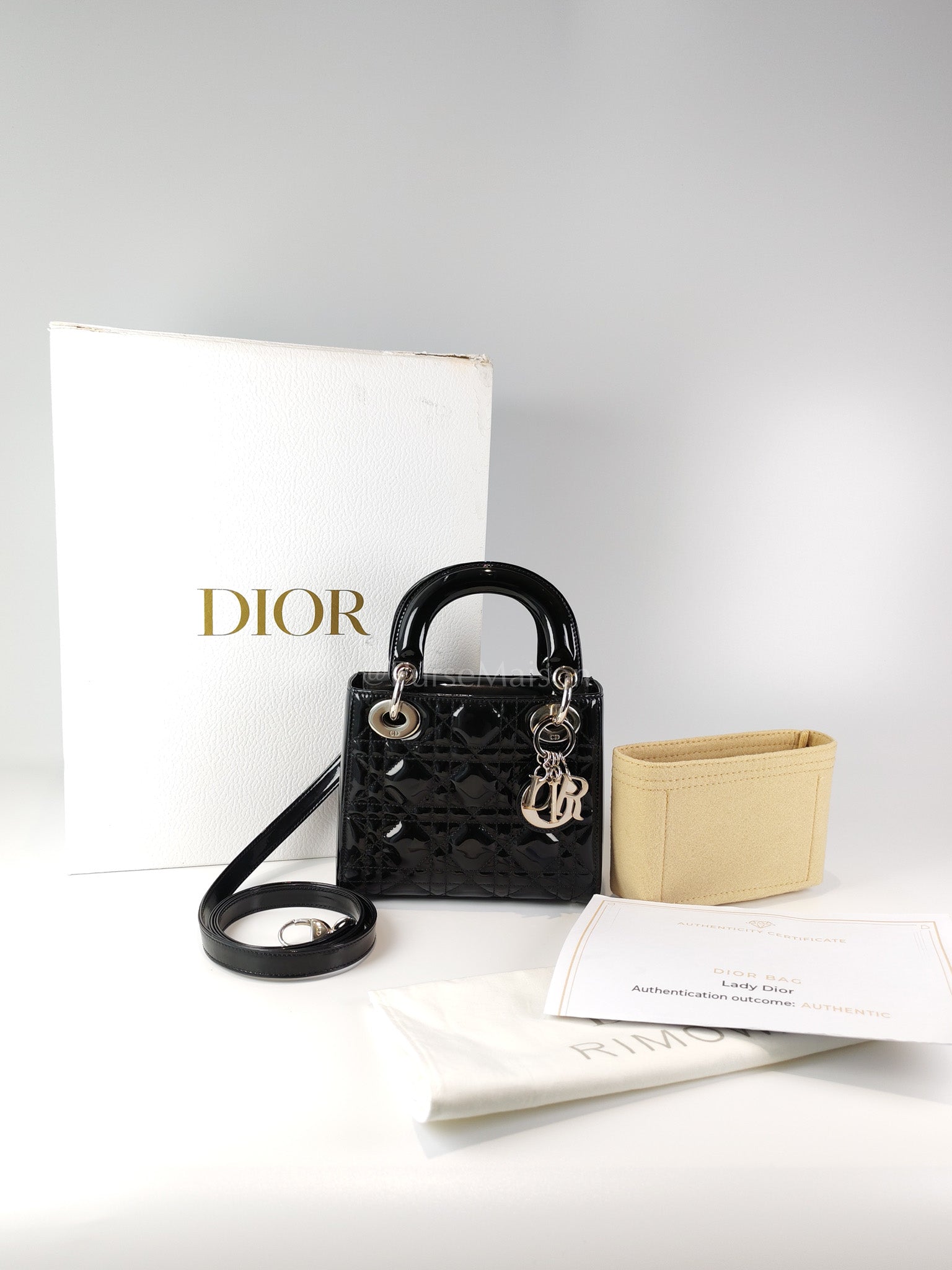 Lady Dior Mini in Black Patent Leather and Silver Hardware | Purse Maison Luxury Bags Shop