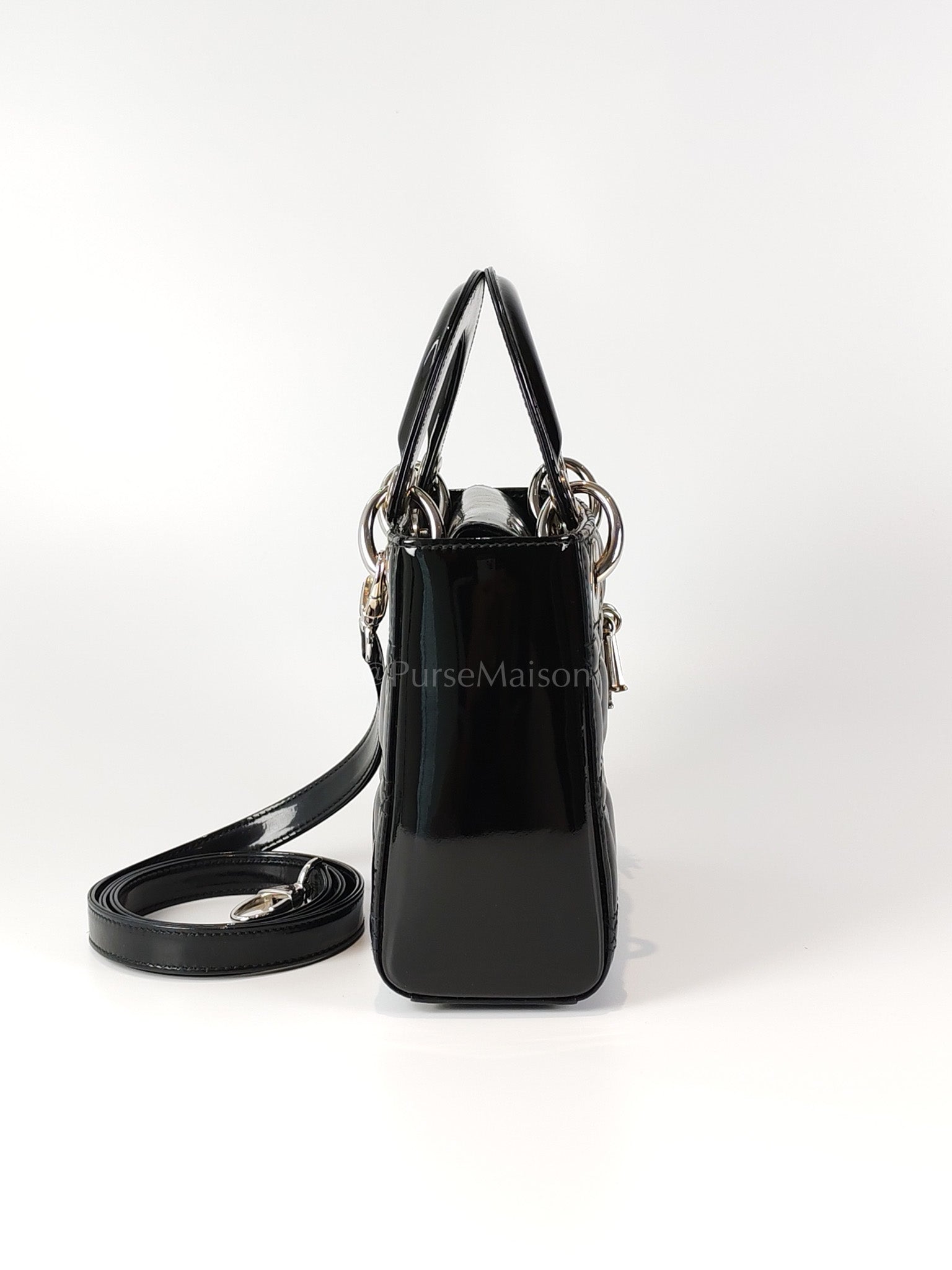 Lady Dior Mini in Black Patent Leather and Silver Hardware | Purse Maison Luxury Bags Shop