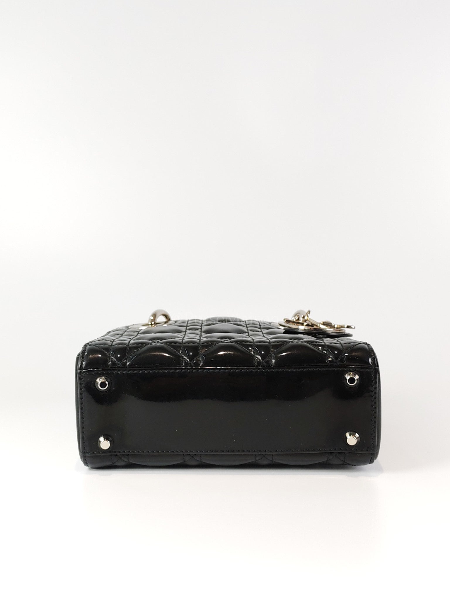 Lady Dior Mini in Black Patent Leather and Silver Hardware | Purse Maison Luxury Bags Shop