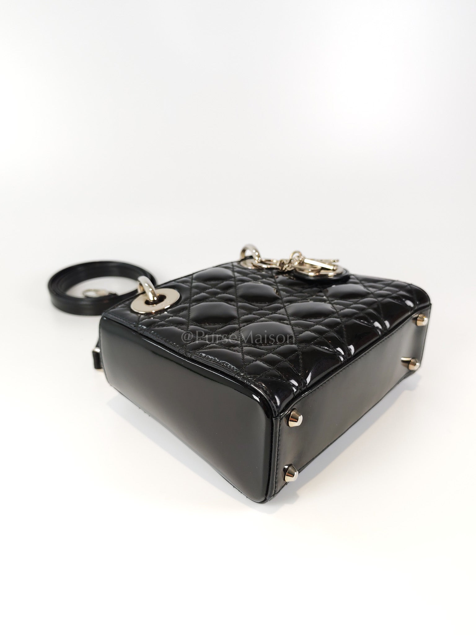 Lady Dior Mini in Black Patent Leather and Silver Hardware | Purse Maison Luxury Bags Shop