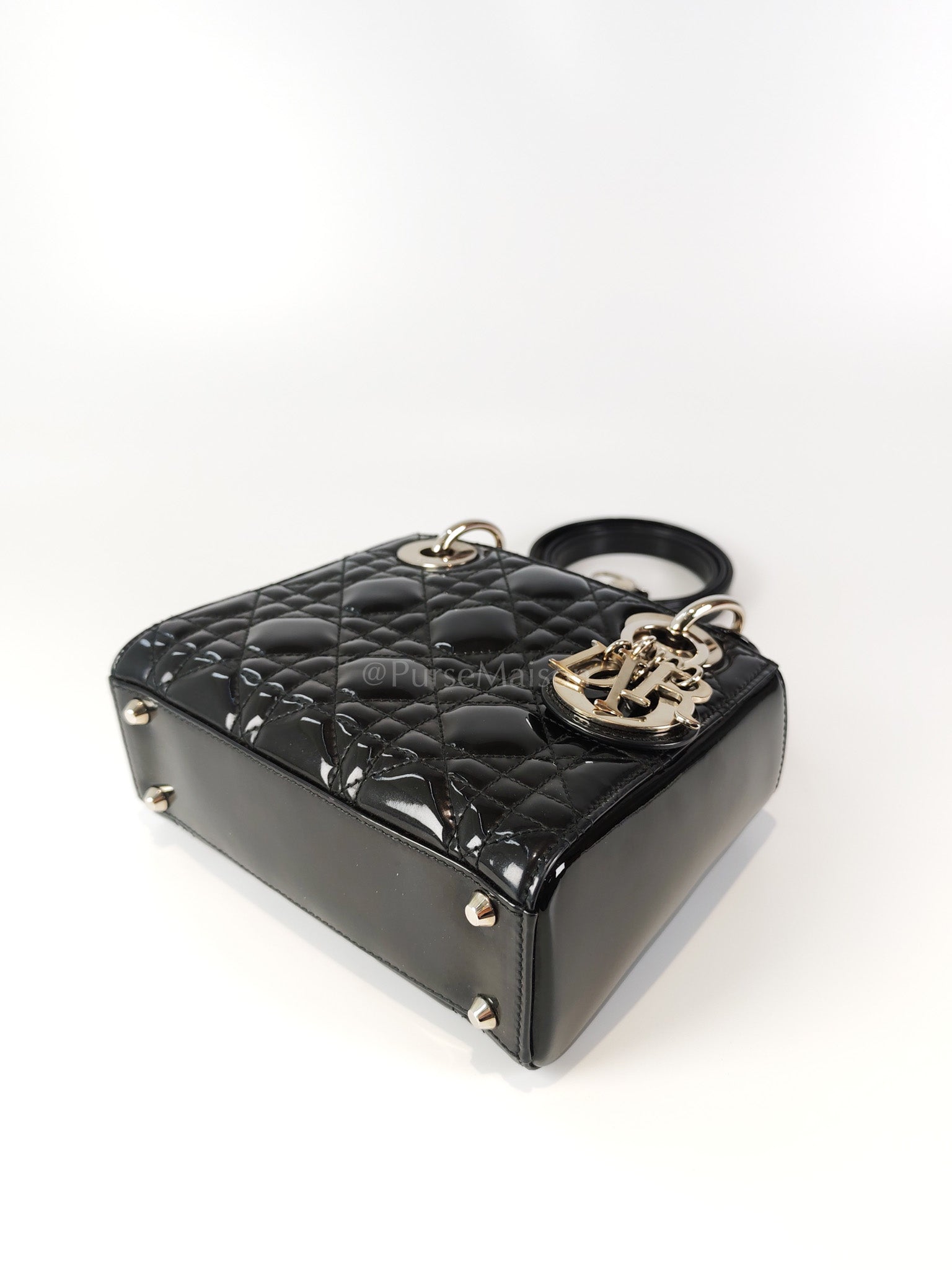 Lady Dior Mini in Black Patent Leather and Silver Hardware | Purse Maison Luxury Bags Shop