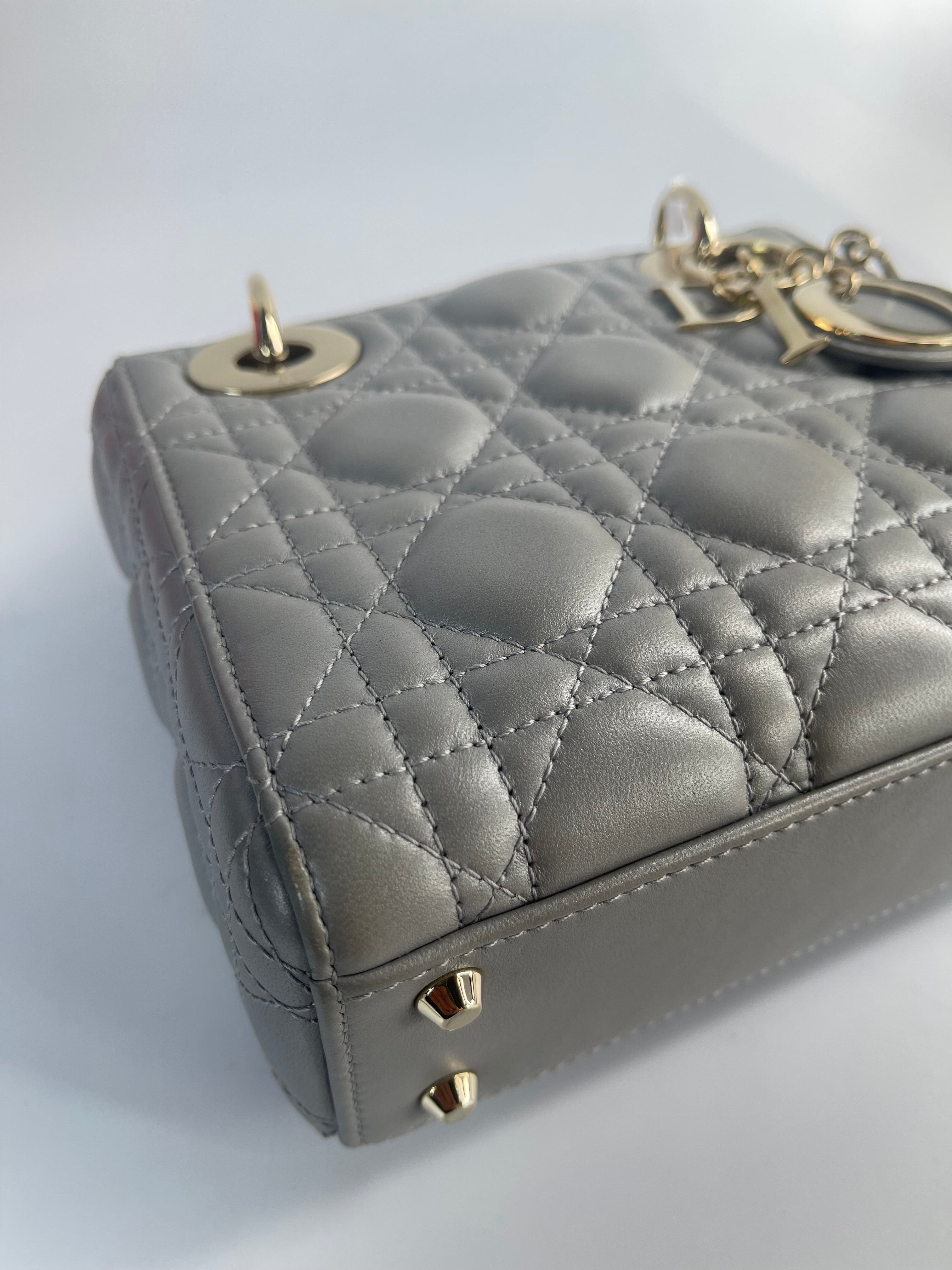 Lady Dior Mini in Gray Cannage Lambskin Leather Light Gold Hardware | Purse Maison Luxury Bags Shop