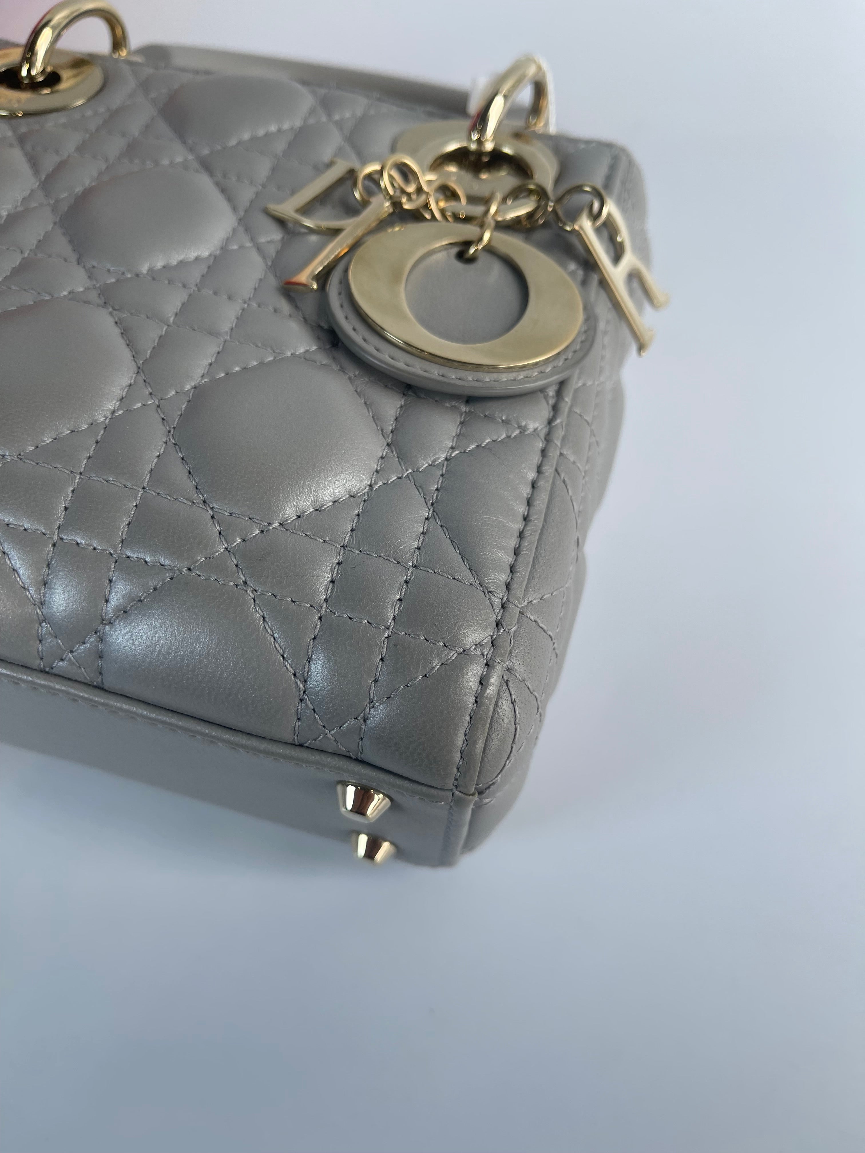 Lady Dior Mini in Gray Cannage Lambskin Leather Light Gold Hardware | Purse Maison Luxury Bags Shop