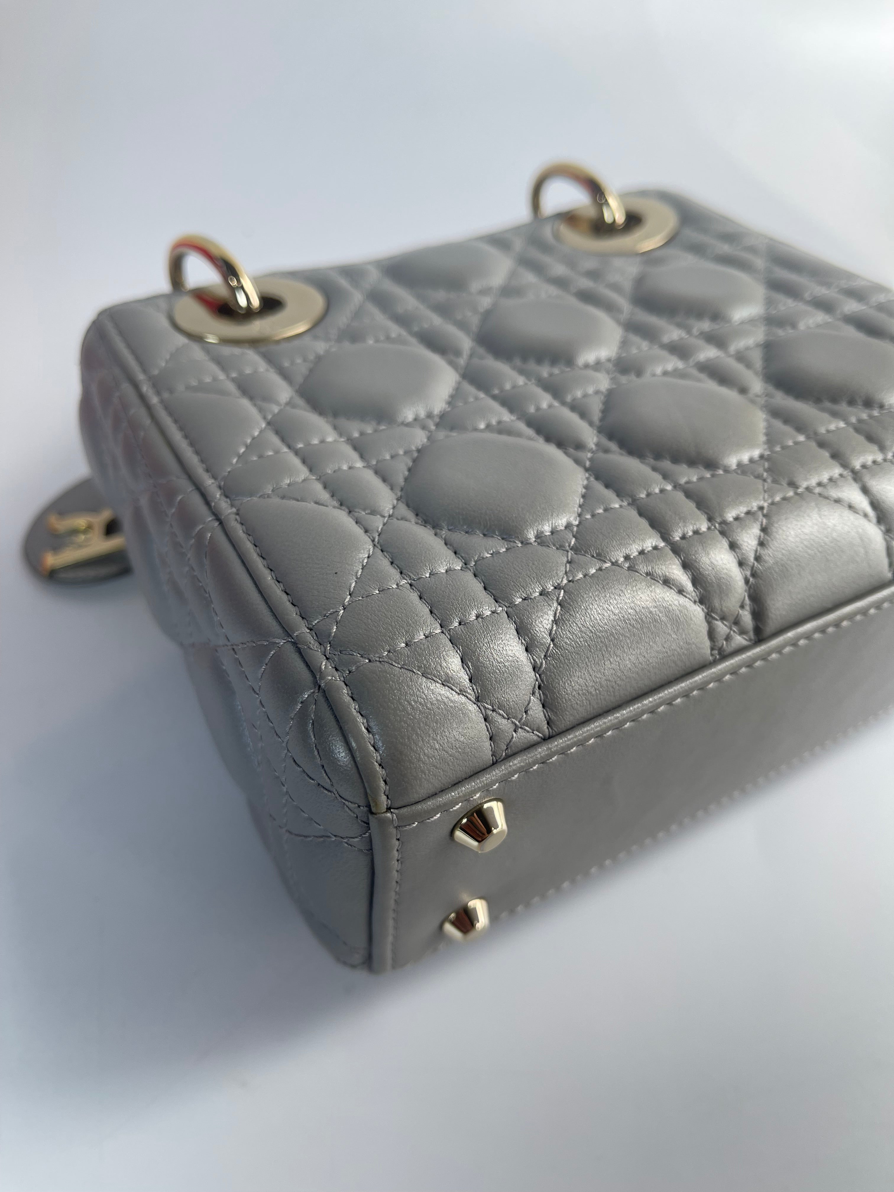 Lady Dior Mini in Gray Cannage Lambskin Leather Light Gold Hardware | Purse Maison Luxury Bags Shop