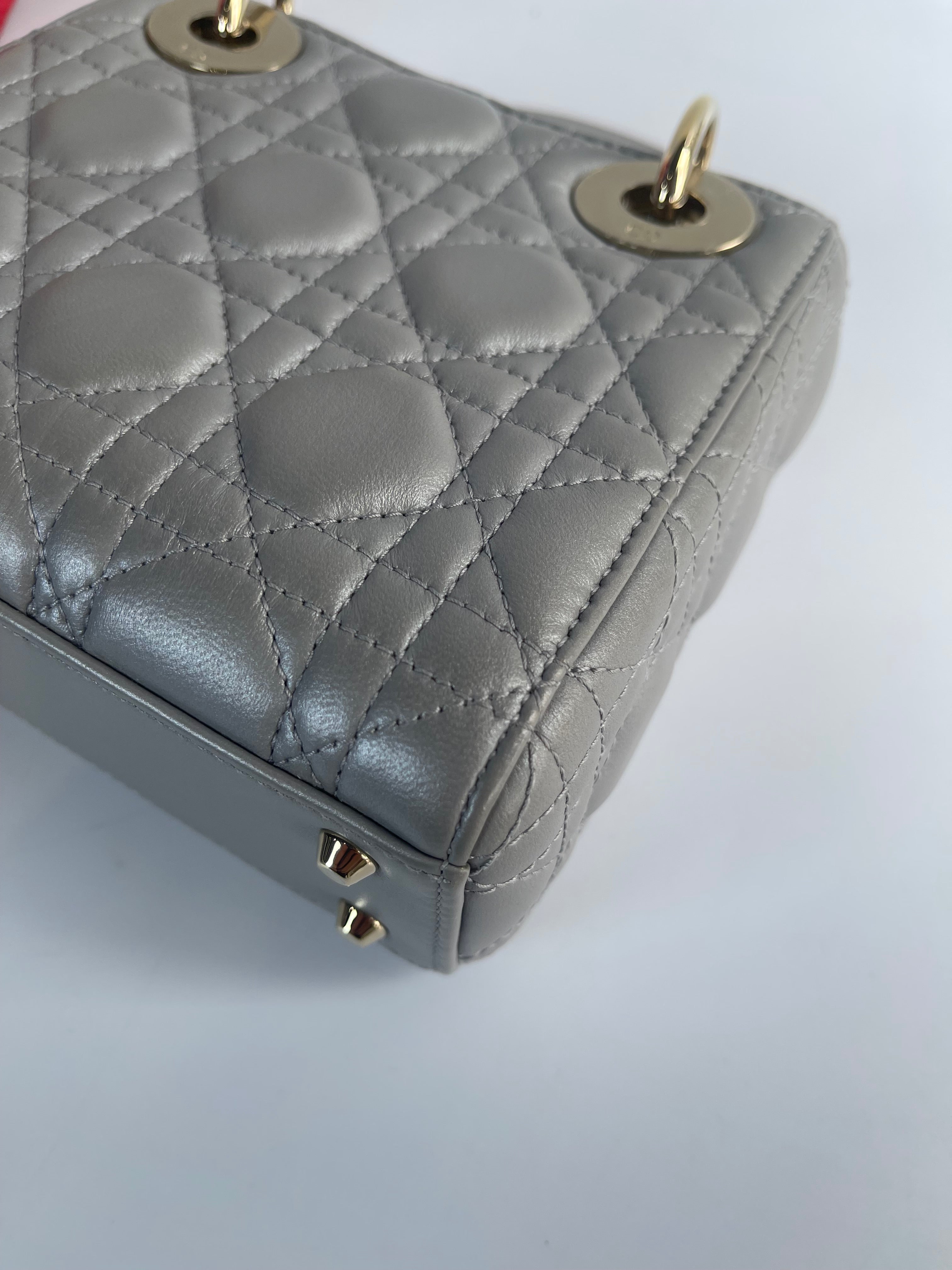 Lady Dior Mini in Gray Cannage Lambskin Leather Light Gold Hardware | Purse Maison Luxury Bags Shop