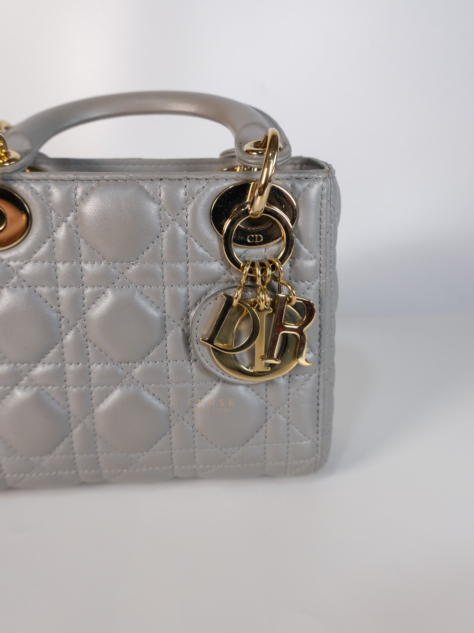 Lady Dior Mini in Gray Cannage Lambskin Leather Light Gold Hardware | Purse Maison Luxury Bags Shop