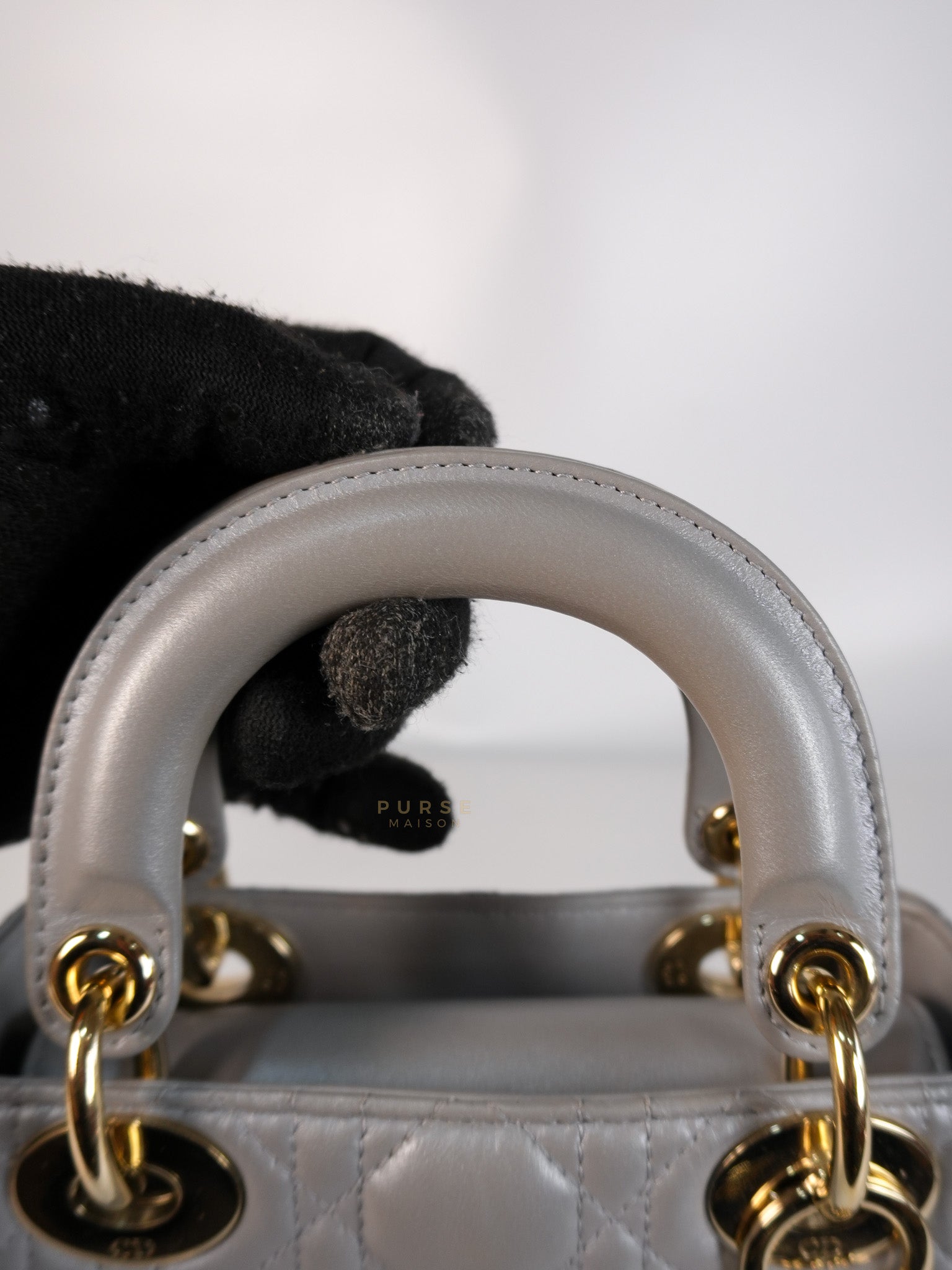 Lady Dior Mini in Gray Cannage Lambskin Leather Light Gold Hardware | Purse Maison Luxury Bags Shop