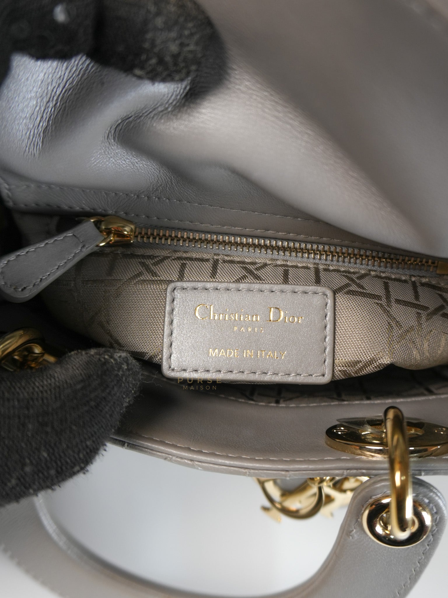 Lady Dior Mini in Gray Cannage Lambskin Leather Light Gold Hardware | Purse Maison Luxury Bags Shop