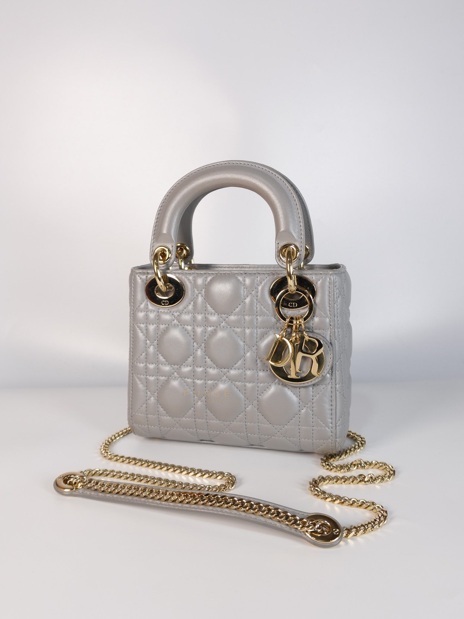 Lady Dior Mini in Gray Cannage Lambskin Leather Light Gold Hardware | Purse Maison Luxury Bags Shop