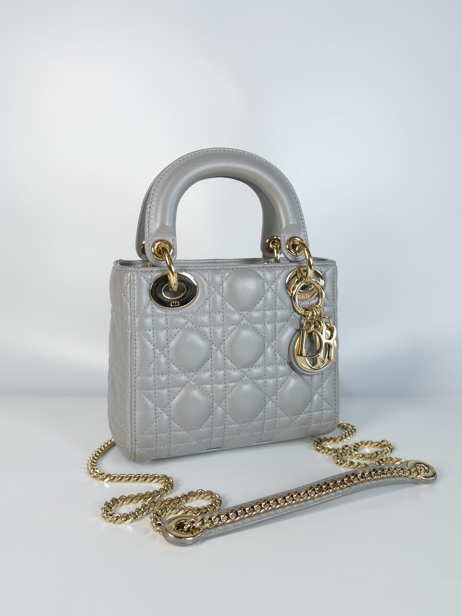Lady Dior Mini in Gray Cannage Lambskin Leather Light Gold Hardware | Purse Maison Luxury Bags Shop