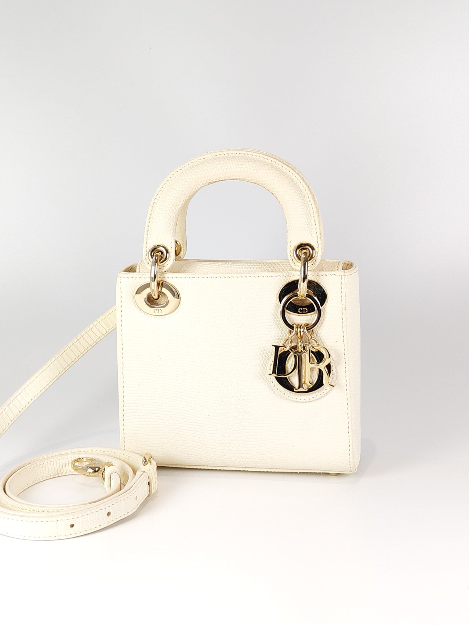 Lady Dior Mini in White Lizzard Leather & Light Gold Hardware | Purse Maison Luxury Bags Shop