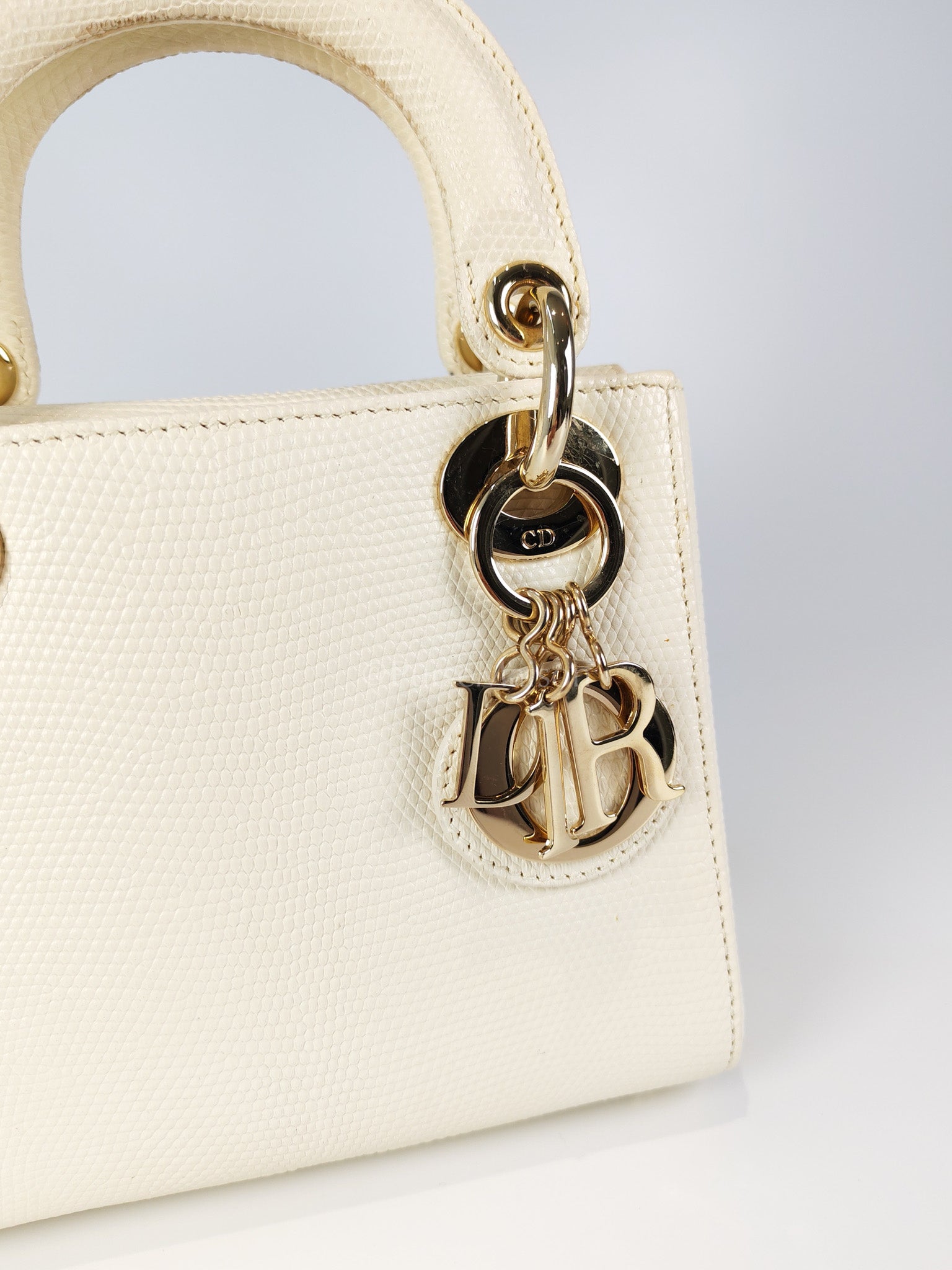 Lady Dior Mini in White Lizzard Leather & Light Gold Hardware | Purse Maison Luxury Bags Shop