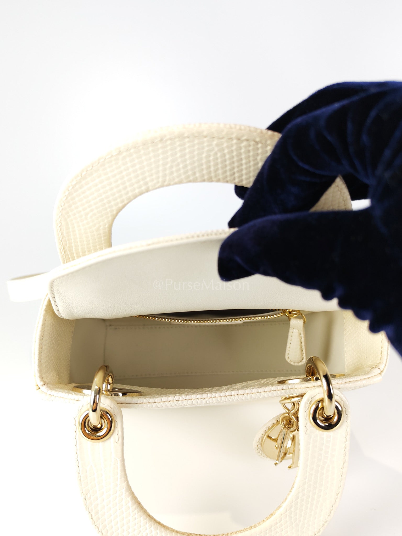 Lady Dior Mini in White Lizzard Leather & Light Gold Hardware | Purse Maison Luxury Bags Shop