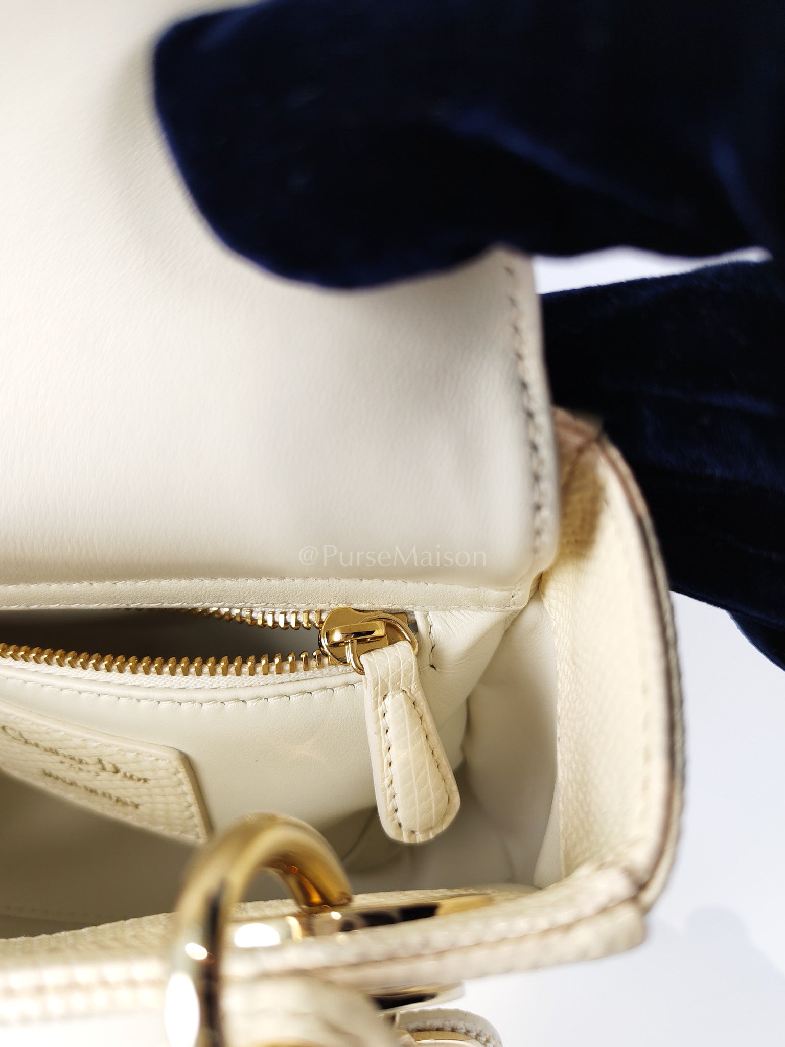 Lady Dior Mini in White Lizzard Leather & Light Gold Hardware | Purse Maison Luxury Bags Shop