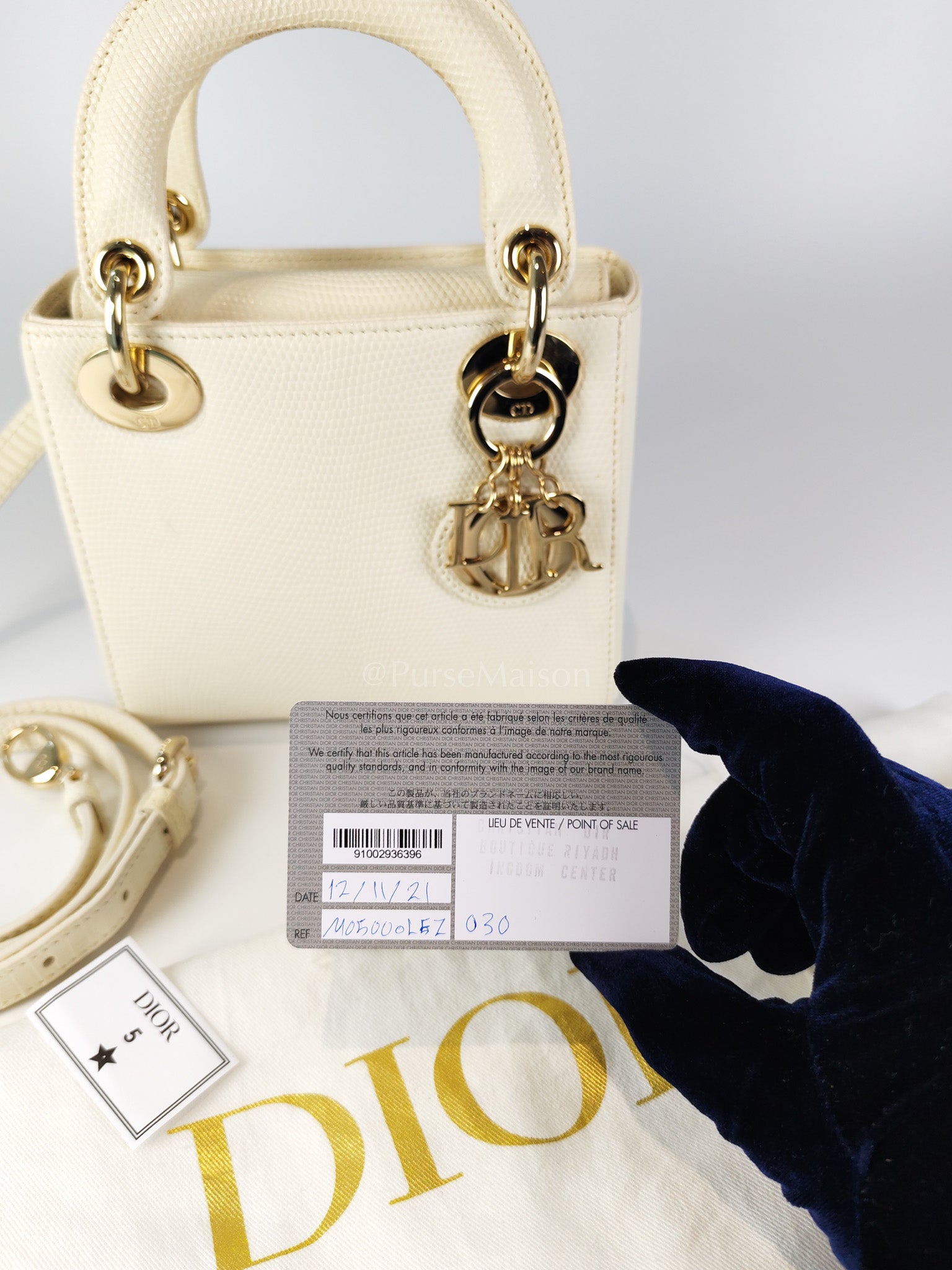 Lady Dior Mini in White Lizzard Leather & Light Gold Hardware | Purse Maison Luxury Bags Shop