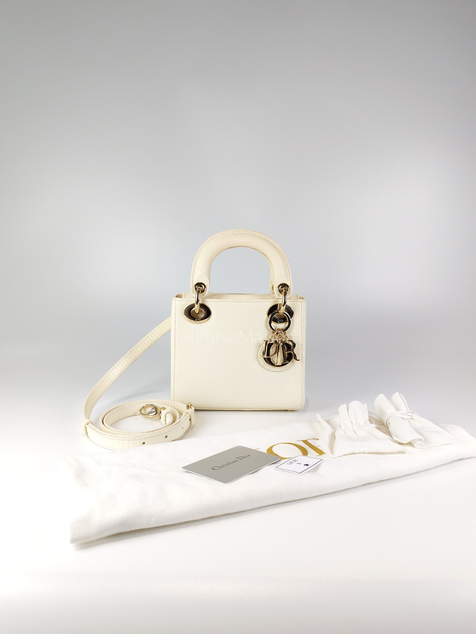Lady Dior Mini in White Lizzard Leather & Light Gold Hardware | Purse Maison Luxury Bags Shop
