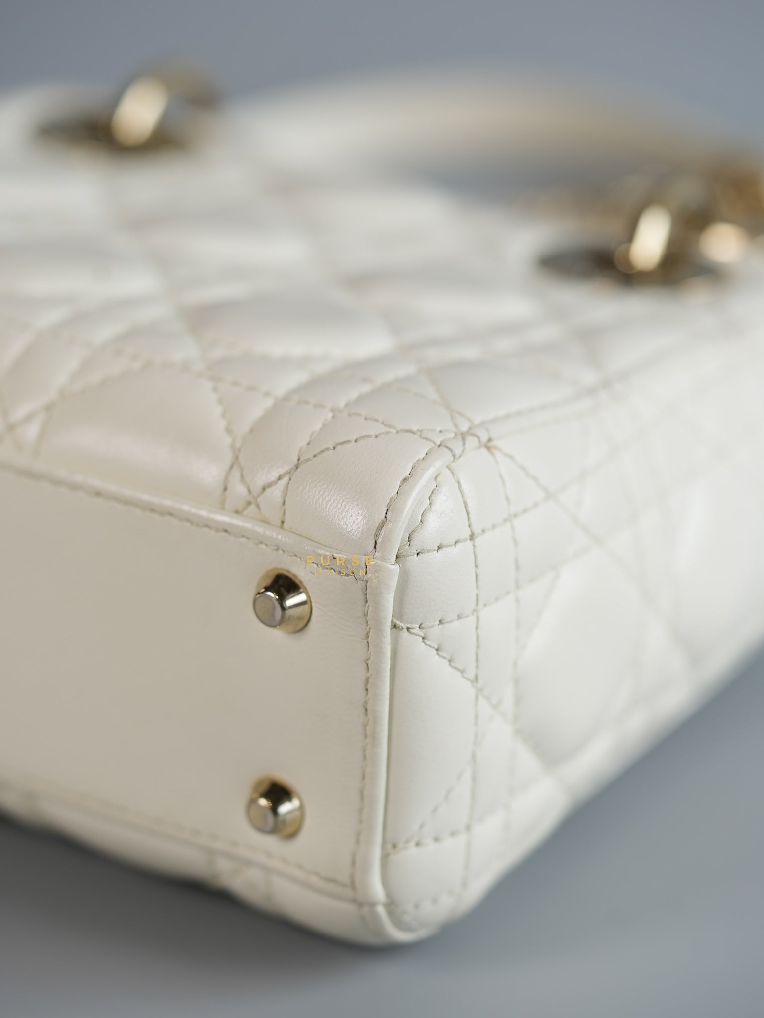 Lady Dior Mini White Lambskin Leather in Light Gold Hardware | Purse Maison Luxury Bags Shop
