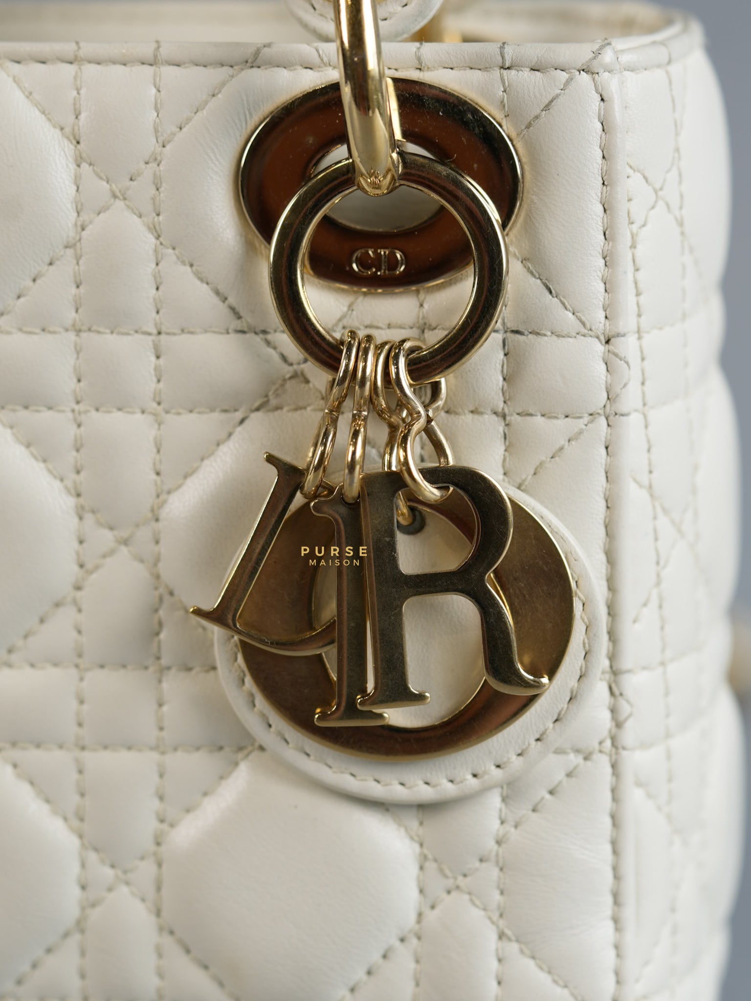 Lady Dior Mini White Lambskin Leather in Light Gold Hardware | Purse Maison Luxury Bags Shop