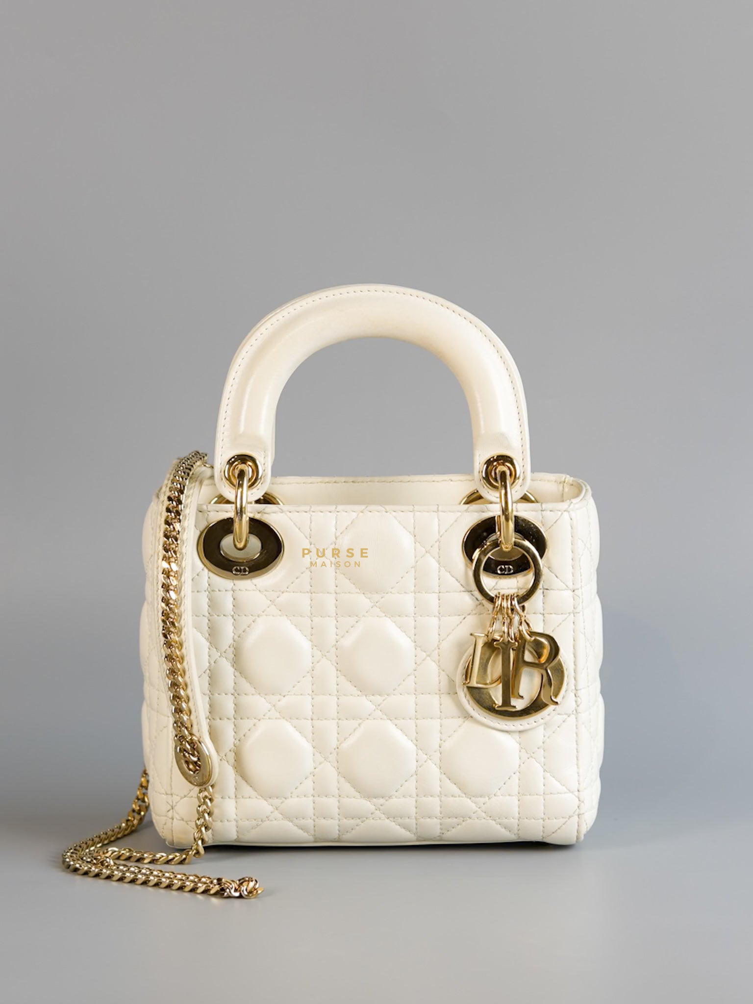 Lady Dior Mini White Lambskin Leather in Light Gold Hardware | Purse Maison Luxury Bags Shop