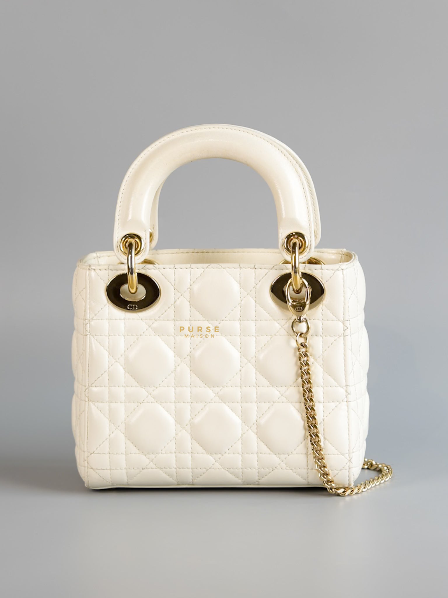 Lady Dior Mini White Lambskin Leather in Light Gold Hardware | Purse Maison Luxury Bags Shop