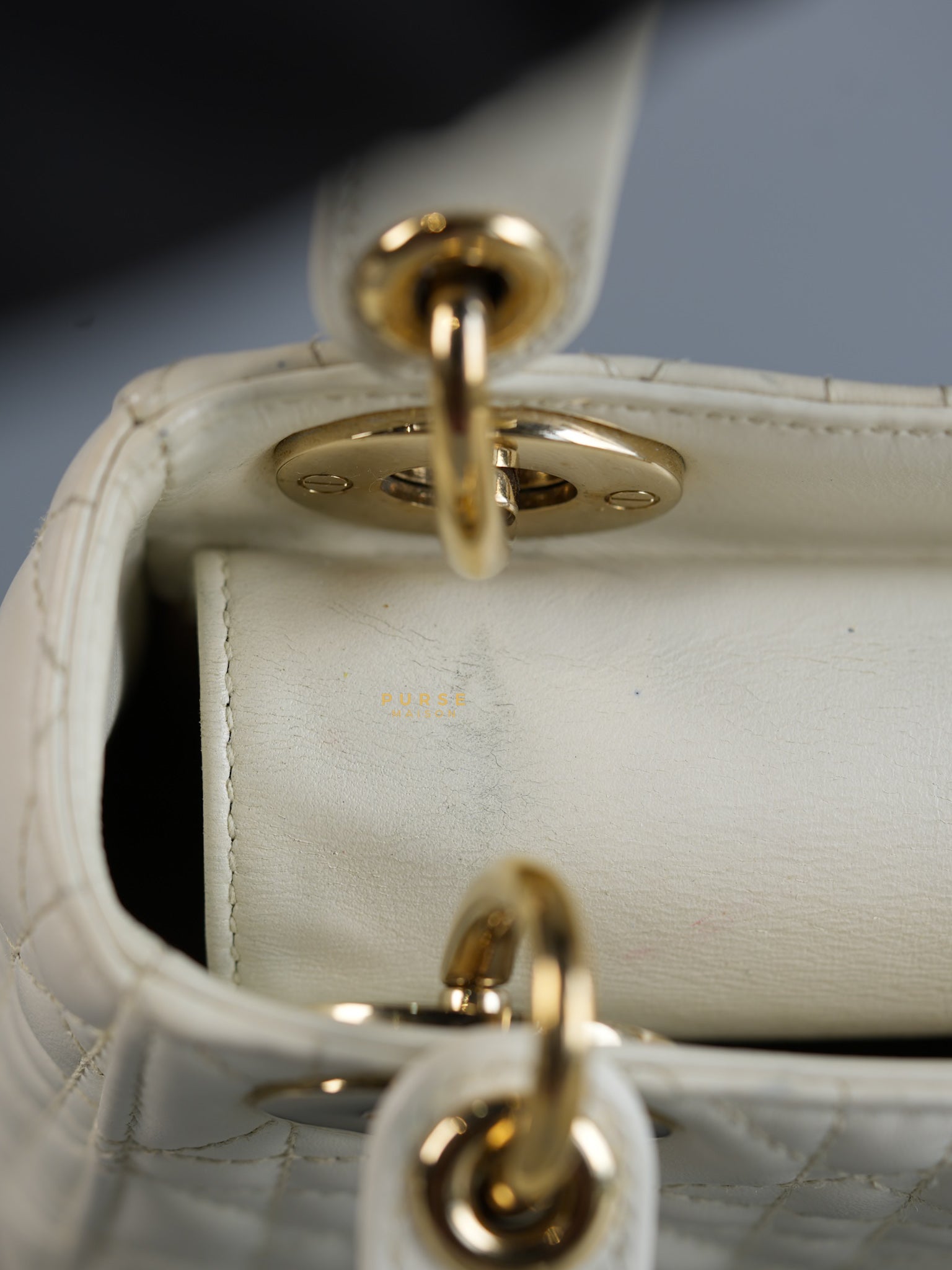 Lady Dior Mini White Lambskin Leather in Light Gold Hardware | Purse Maison Luxury Bags Shop