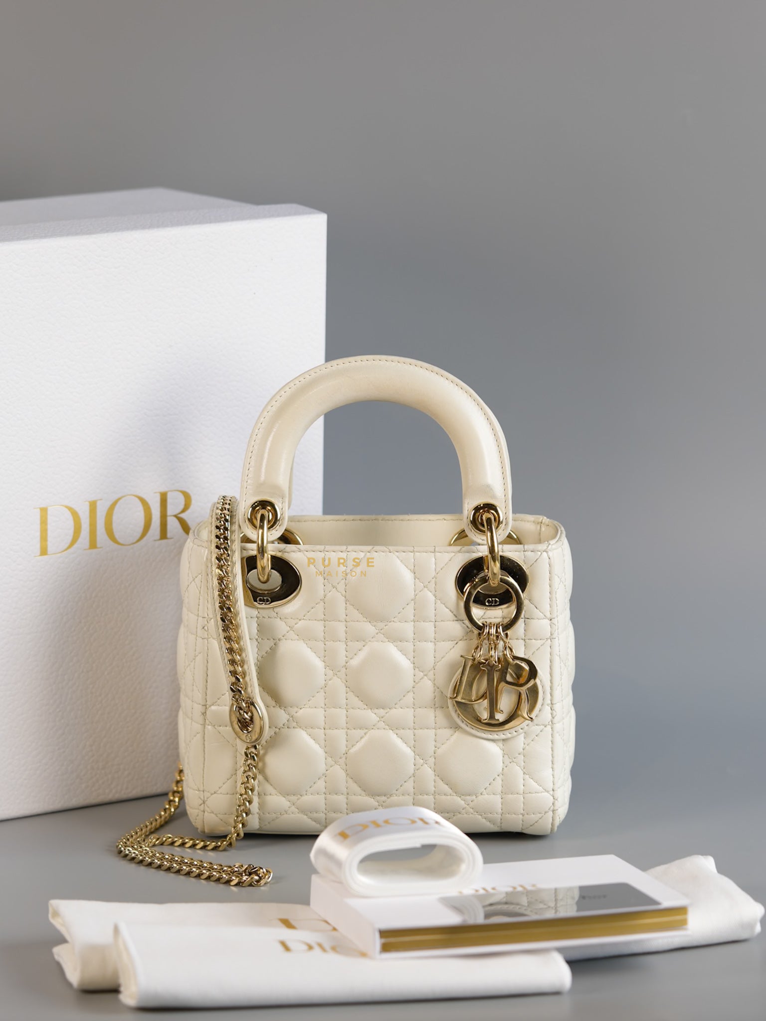 Lady Dior Mini White Lambskin Leather in Light Gold Hardware | Purse Maison Luxury Bags Shop