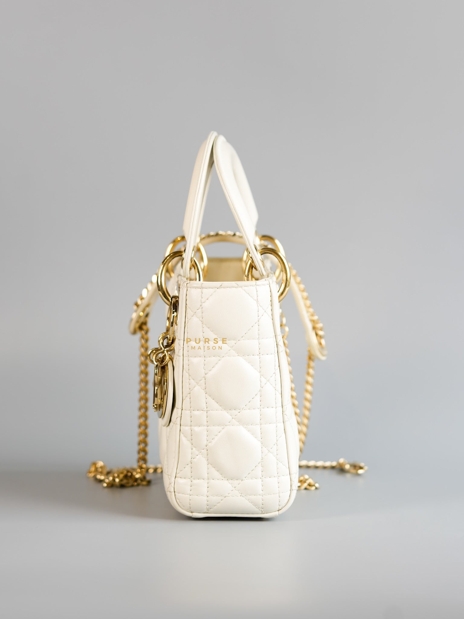 Lady Dior Mini White Lambskin Leather in Light Gold Hardware | Purse Maison Luxury Bags Shop